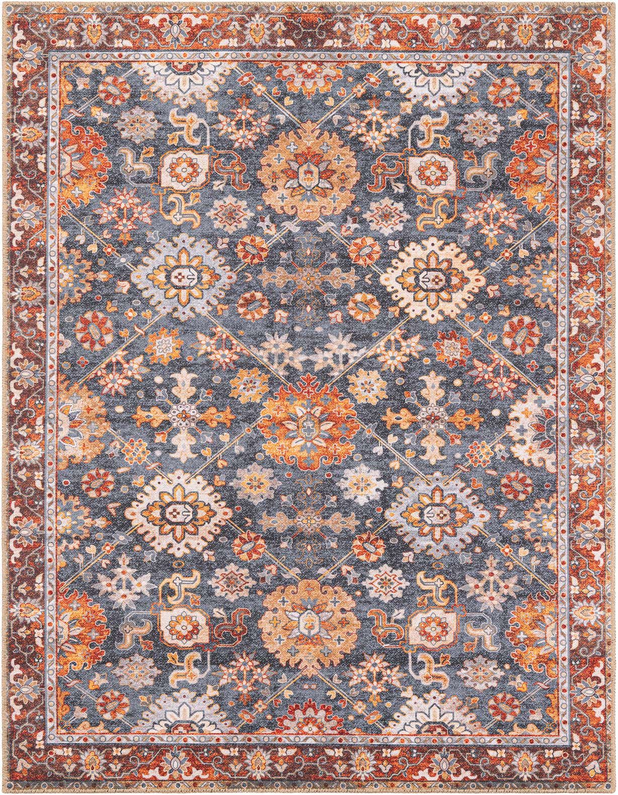 A 5x8 rectangular navy blue rug with an intricate orange, red, and cream traditional medallion pattern and a detailed border.