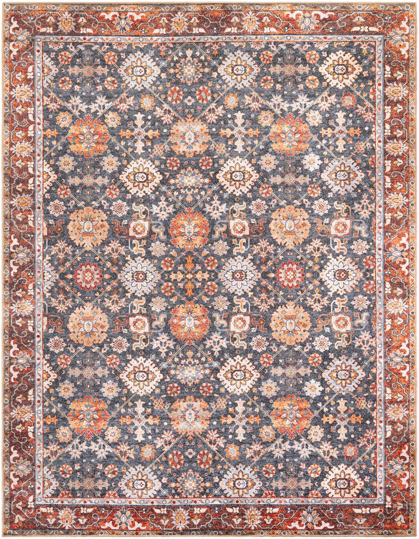 A rectangular 8x12 navy blue oriental rug with a distressed medallion pattern in oranges, creams, and reds, featuring a detailed border.