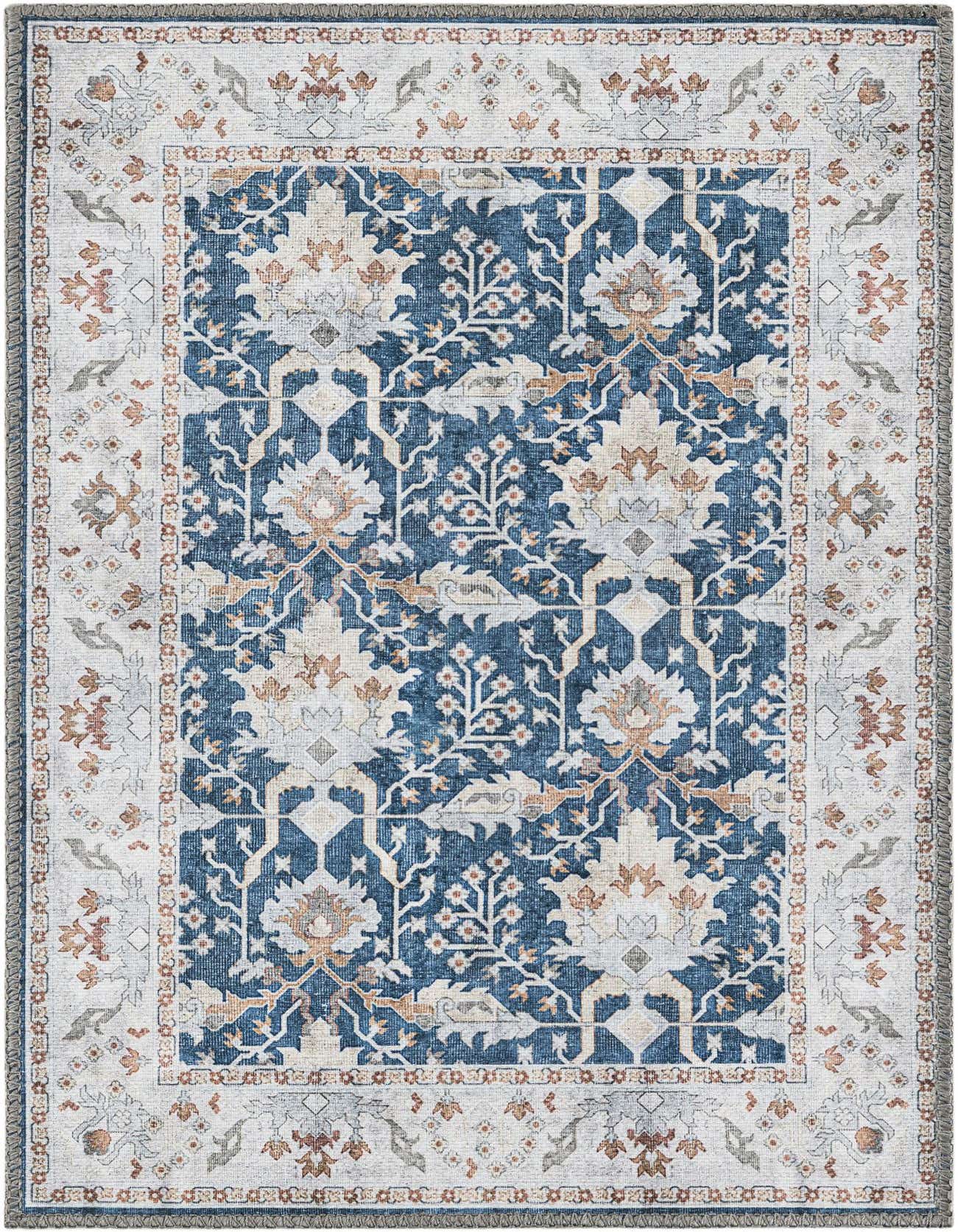 A 2x3 rectangular indoor rug featuring a vintage traditional medallion pattern in shades of navy blue, cream, and rust.