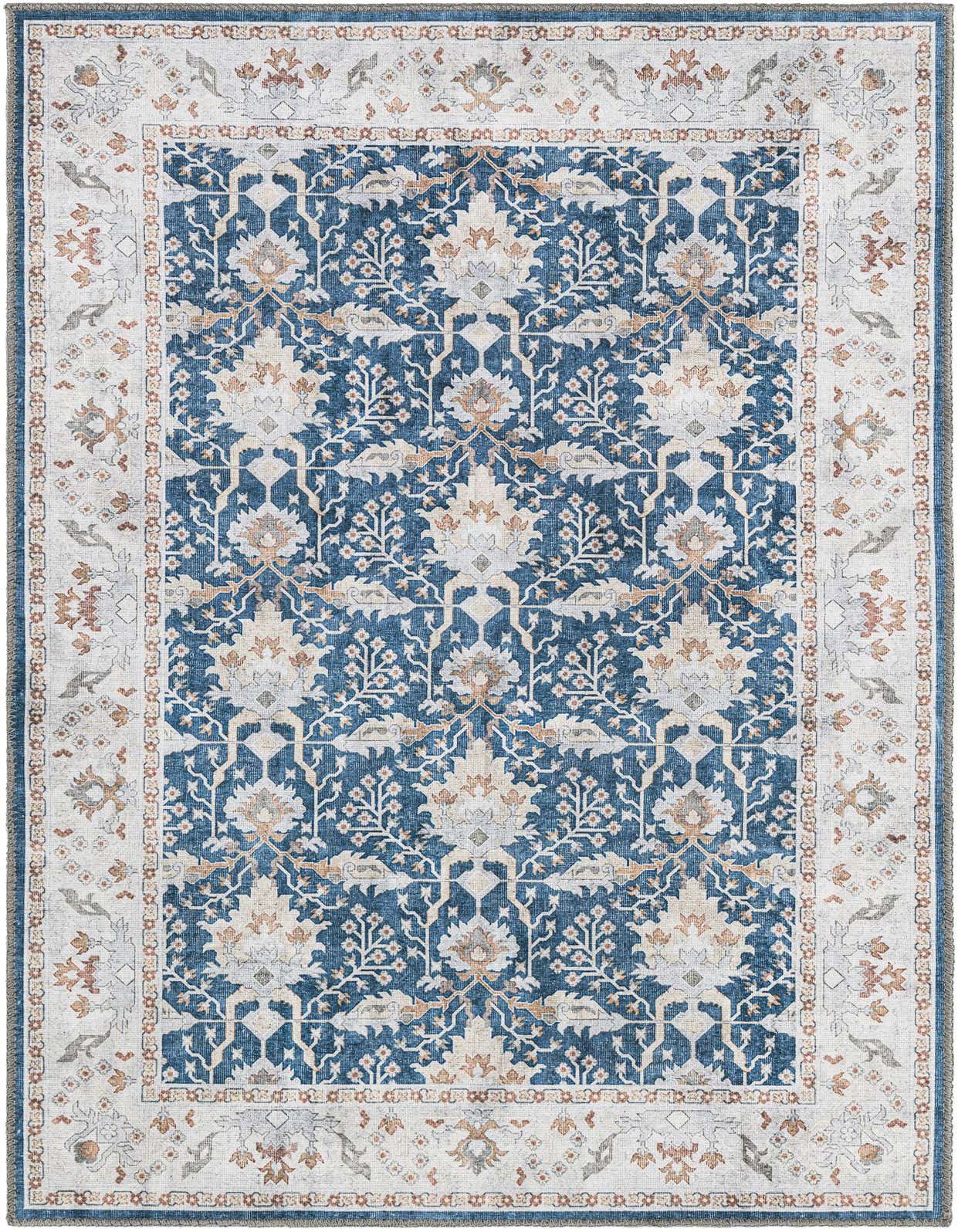 A 3x5 rectangular indoor rug featuring a traditional vintage medallion pattern in shades of blue, cream, and subtle orange.