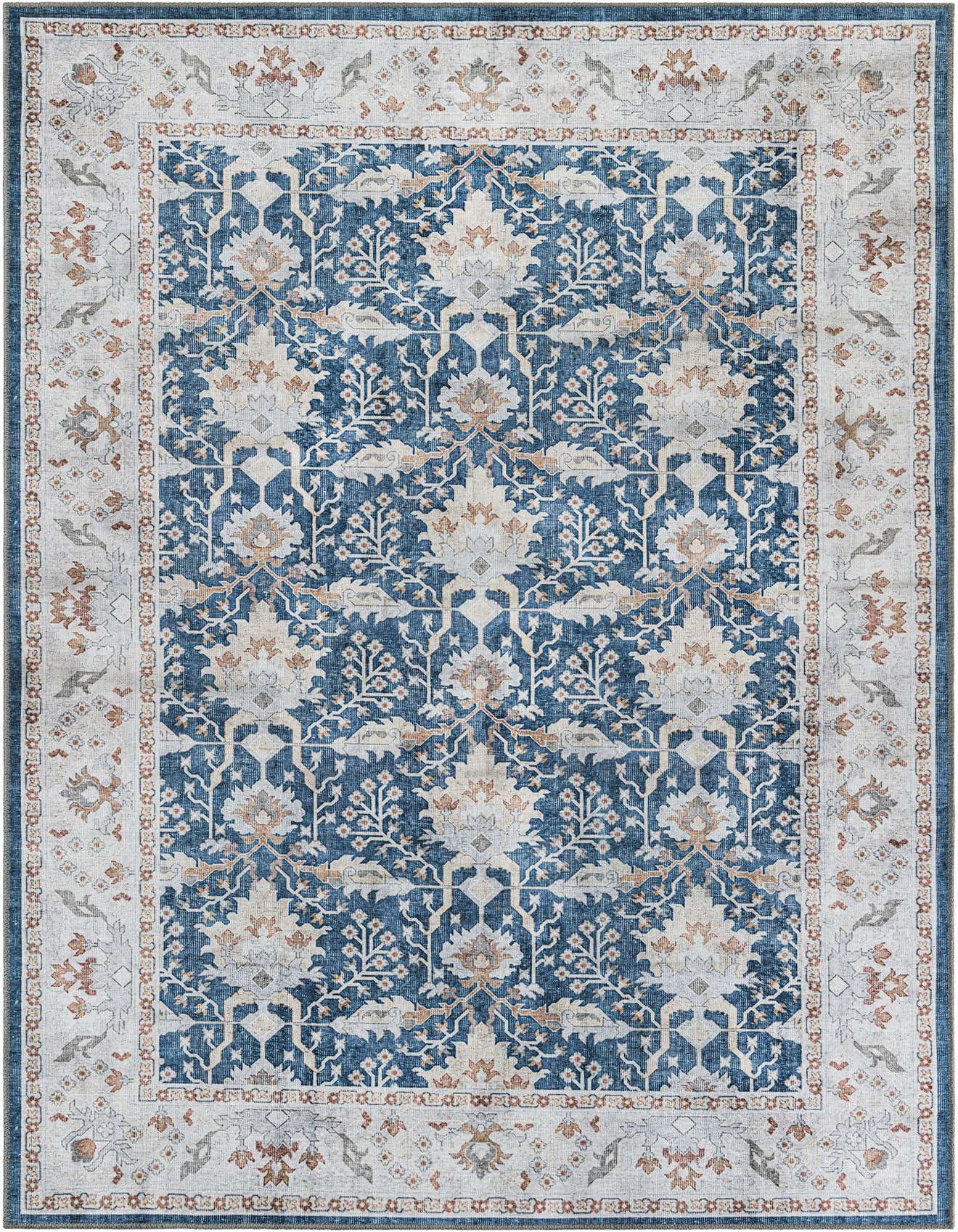 A rectangular 6x9 navy blue and cream traditional rug with a distressed vintage floral pattern and a detailed border.