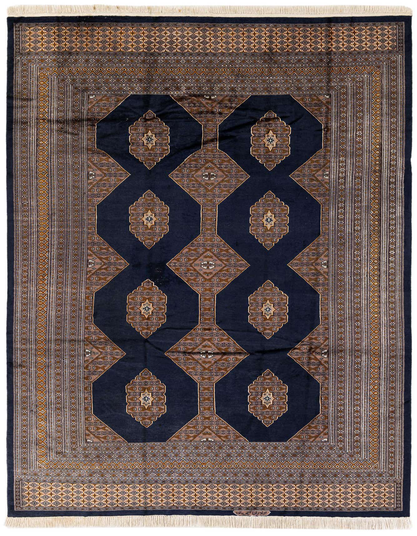 A 6x9 rectangular Torkaman rug featuring a traditional Persian pattern with a navy blue field and intricate brown and gold borders, handmade from 100% silk.