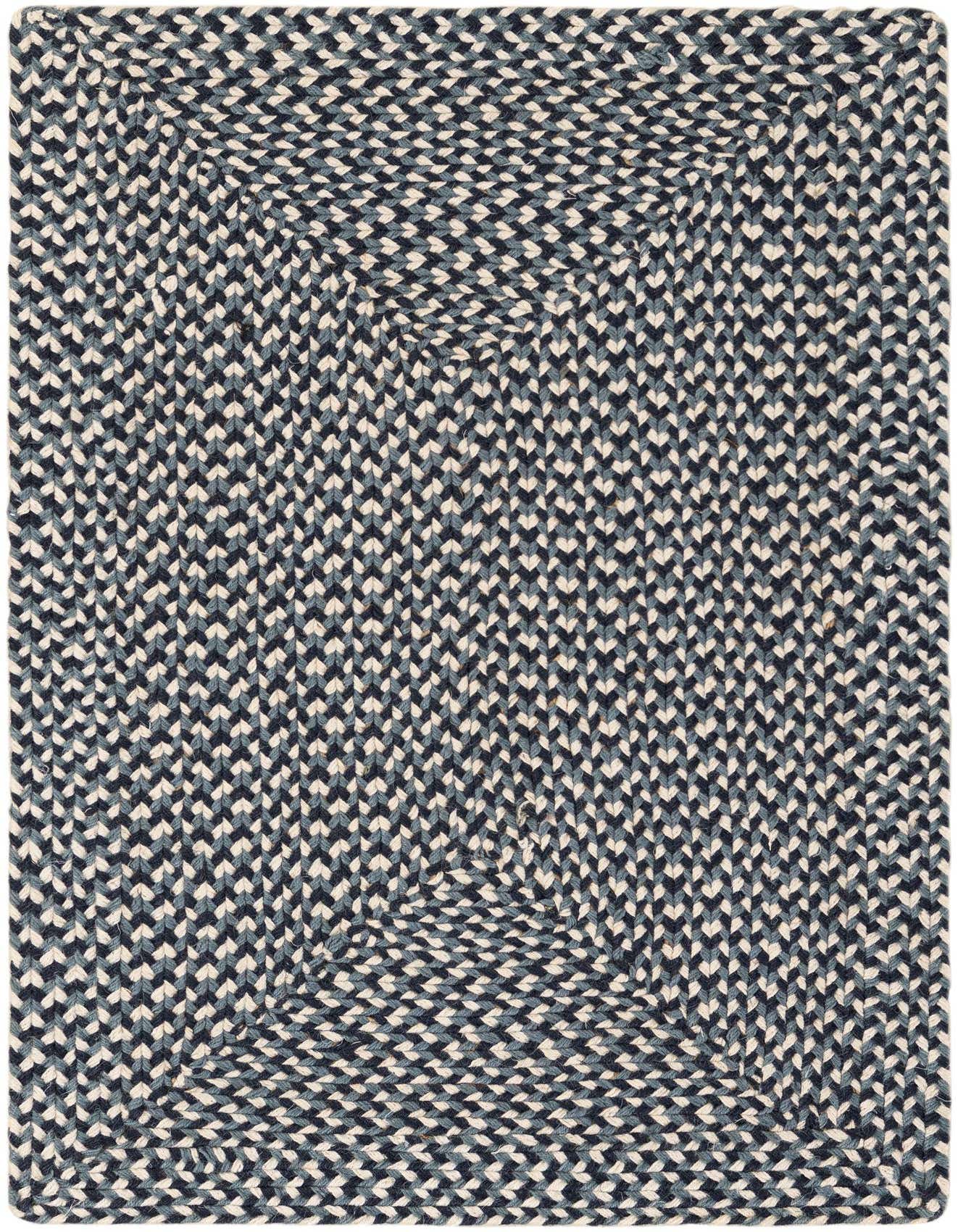 A 2x3 rectangular Rugs.com Tweed Braided Jute rug in varying shades of blue, featuring a tightly woven, textured pattern.