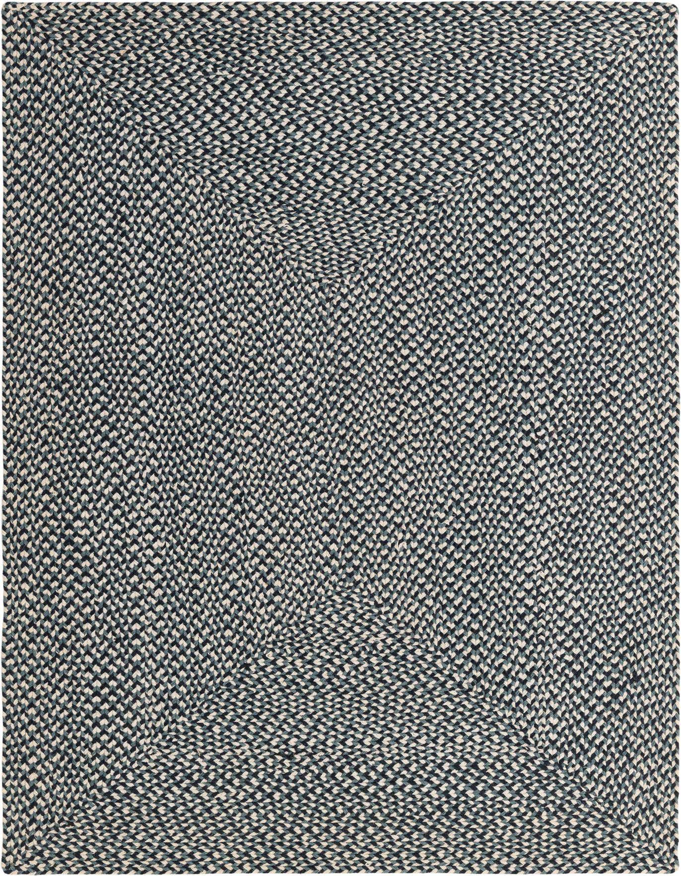 A 4x6 rectangular braided jute rug in varying shades of blue and off-white, featuring a modern, textured pattern.