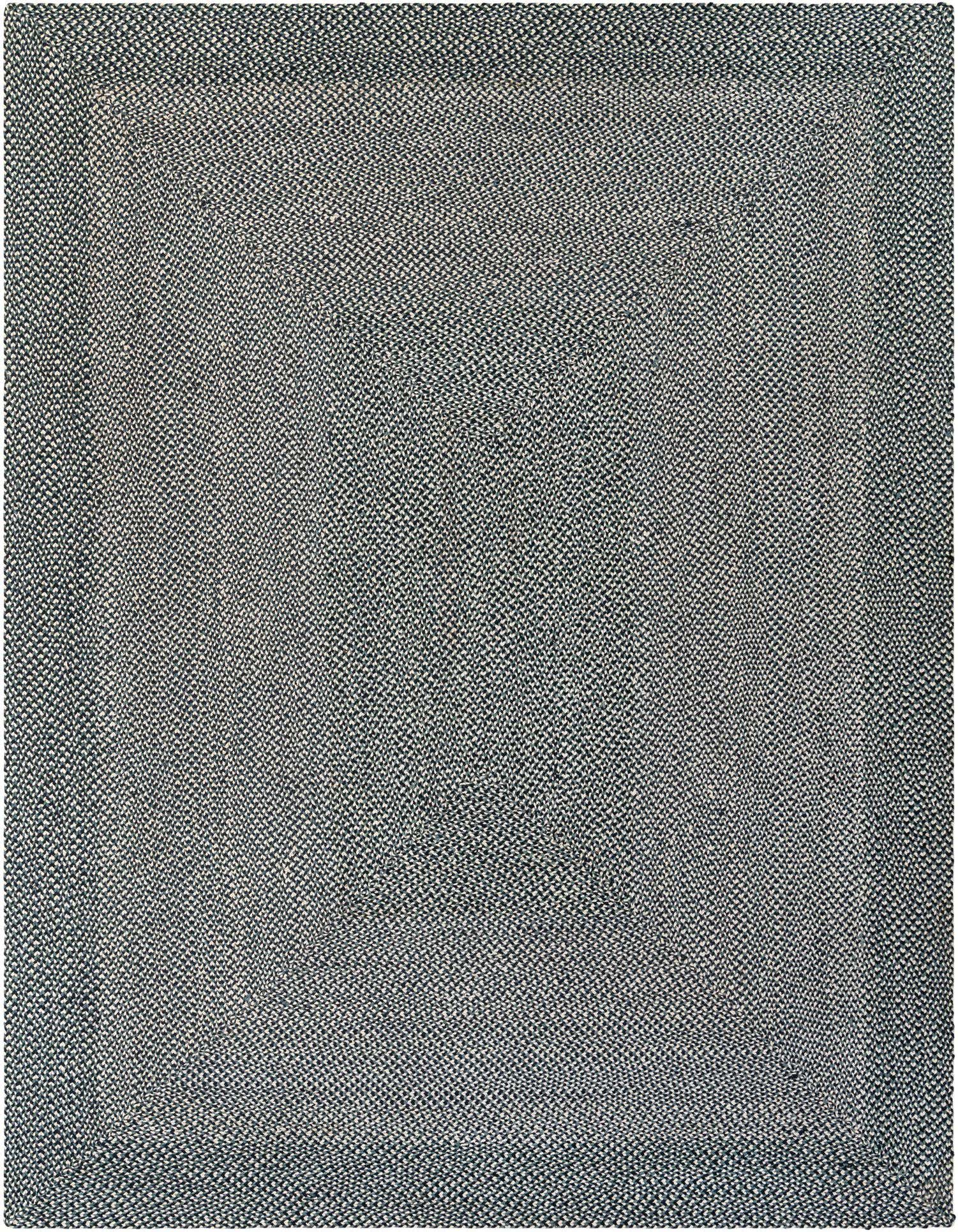 A 9x12 rectangular navy blue and white braided jute rug with a modern, textured pattern, suitable for a living room.