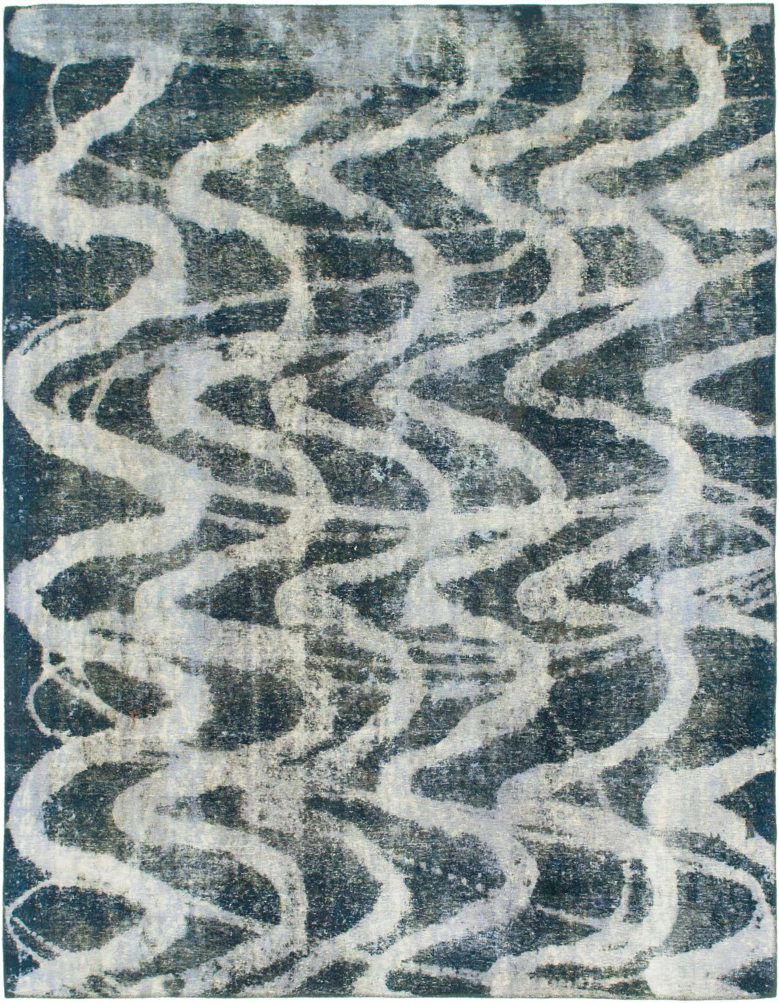 An 8x10 rectangular navy blue and white abstract area rug with a distressed, wavy pattern, suitable for a living room.