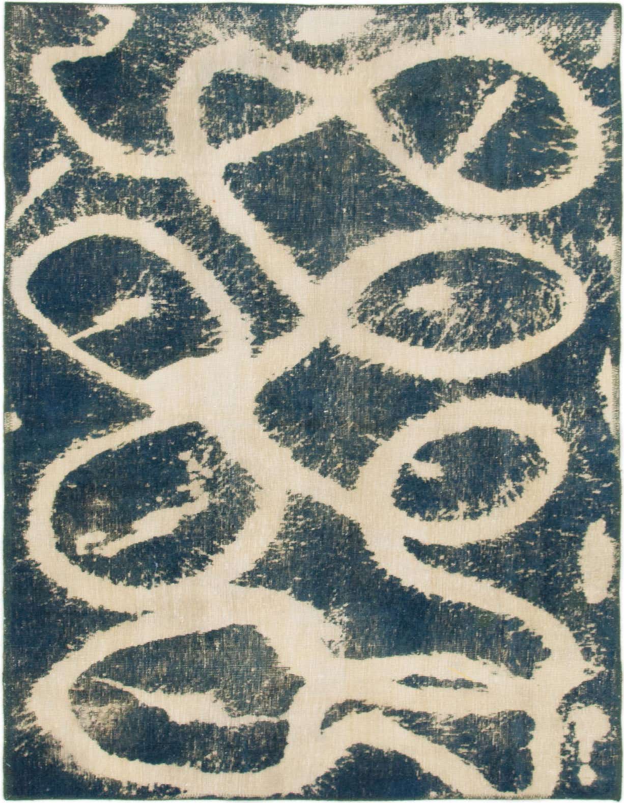 A 4x6 rectangular navy blue and cream wool rug with an abstract, distressed Persian pattern, ideal for a living room.