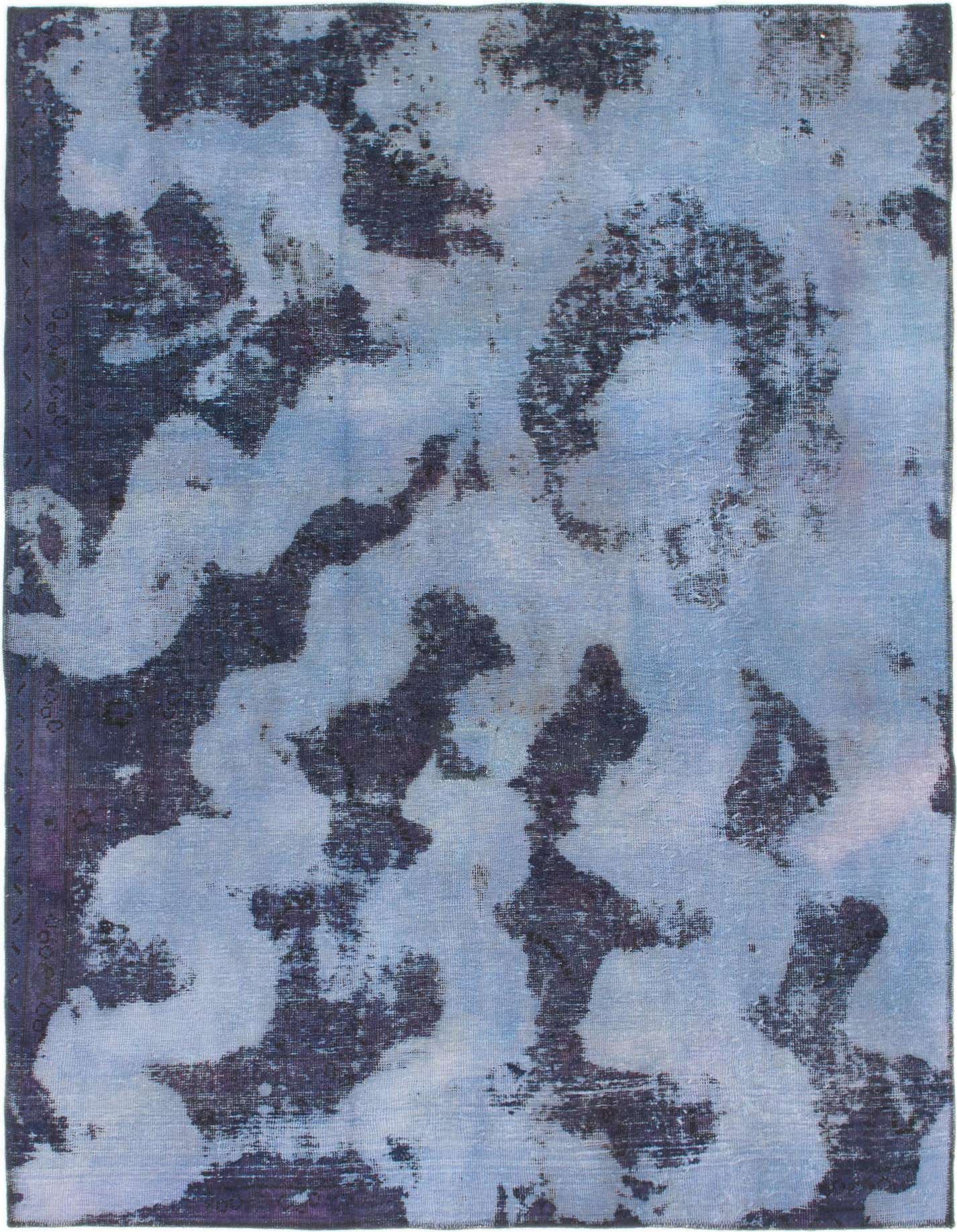 A 5x8 rectangular indoor rug with an abstract Persian pattern in varying shades of blue, suitable for a living room.