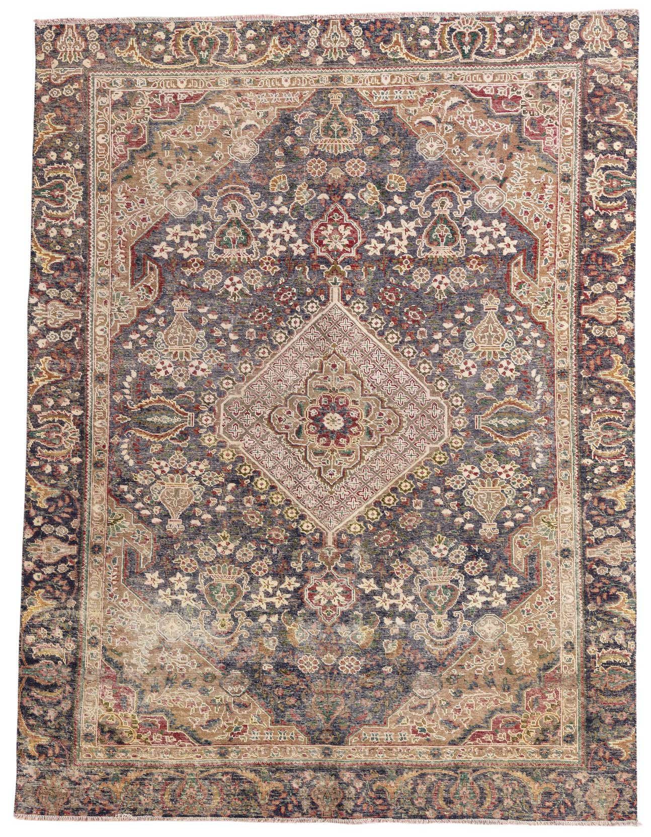 A rectangular 6x9 Ultra Vintage wool rug featuring a distressed Persian medallion pattern in shades of navy blue, red, and beige.