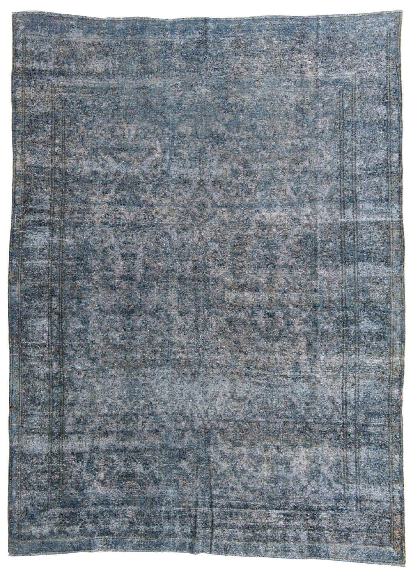 A large 10x13 rectangular navy blue Persian-style rug with a distressed, vintage look and subtle floral patterns.