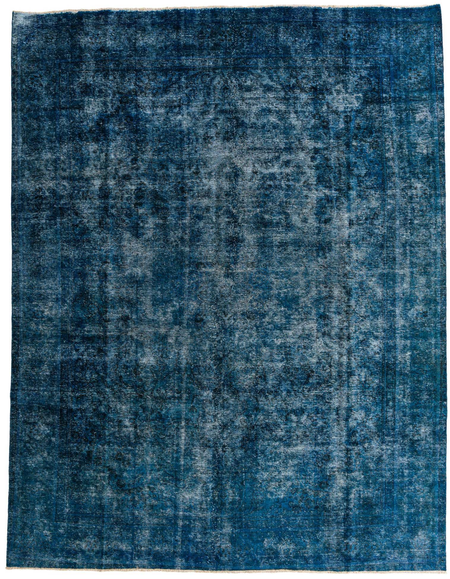 A large 10x13 rectangular navy blue Persian-style rug with a distressed vintage look, handmade from wool.