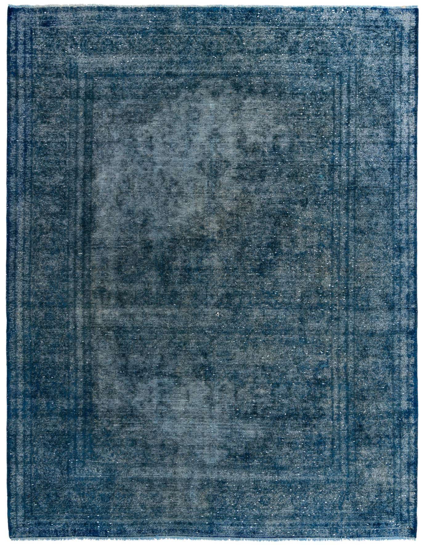 A rectangular 8x12 navy blue Persian-style wool rug with a distressed vintage look and subtle abstract patterns.