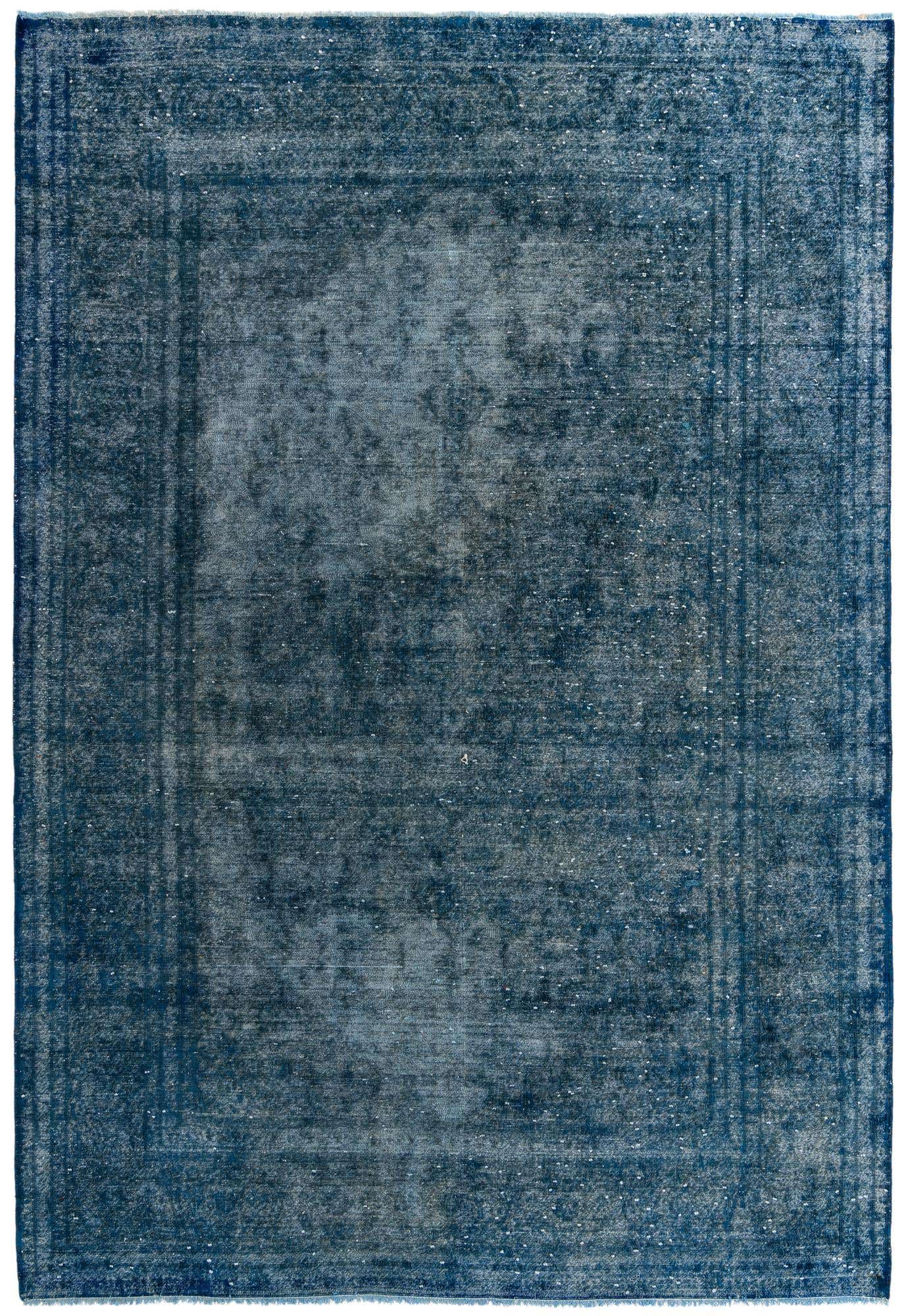 A rectangular 8x12 navy blue Persian-style wool rug with a distressed vintage look and subtle abstract patterns.