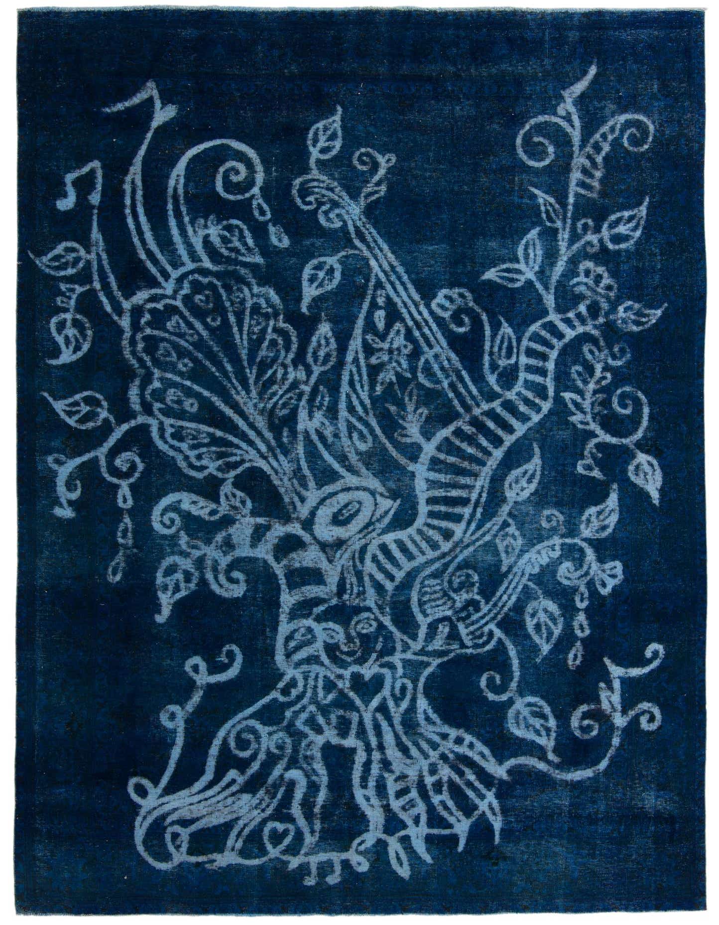 An 8x12 rectangular navy blue wool rug with a light blue abstract Persian-style pattern featuring musical instruments and floral motifs.