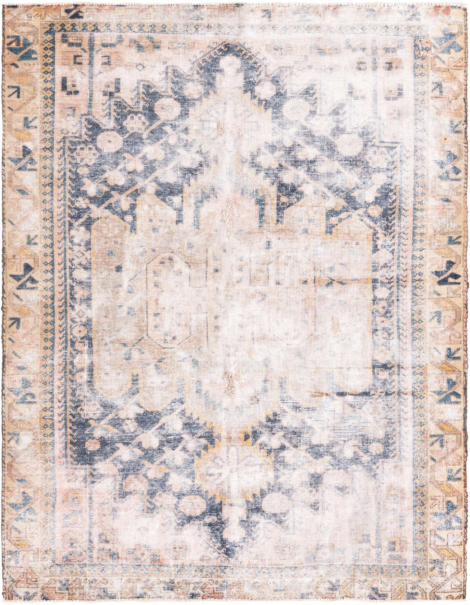 A 4x6 rectangular Ultra Vintage wool rug featuring a faded Persian medallion pattern in blues and beige.