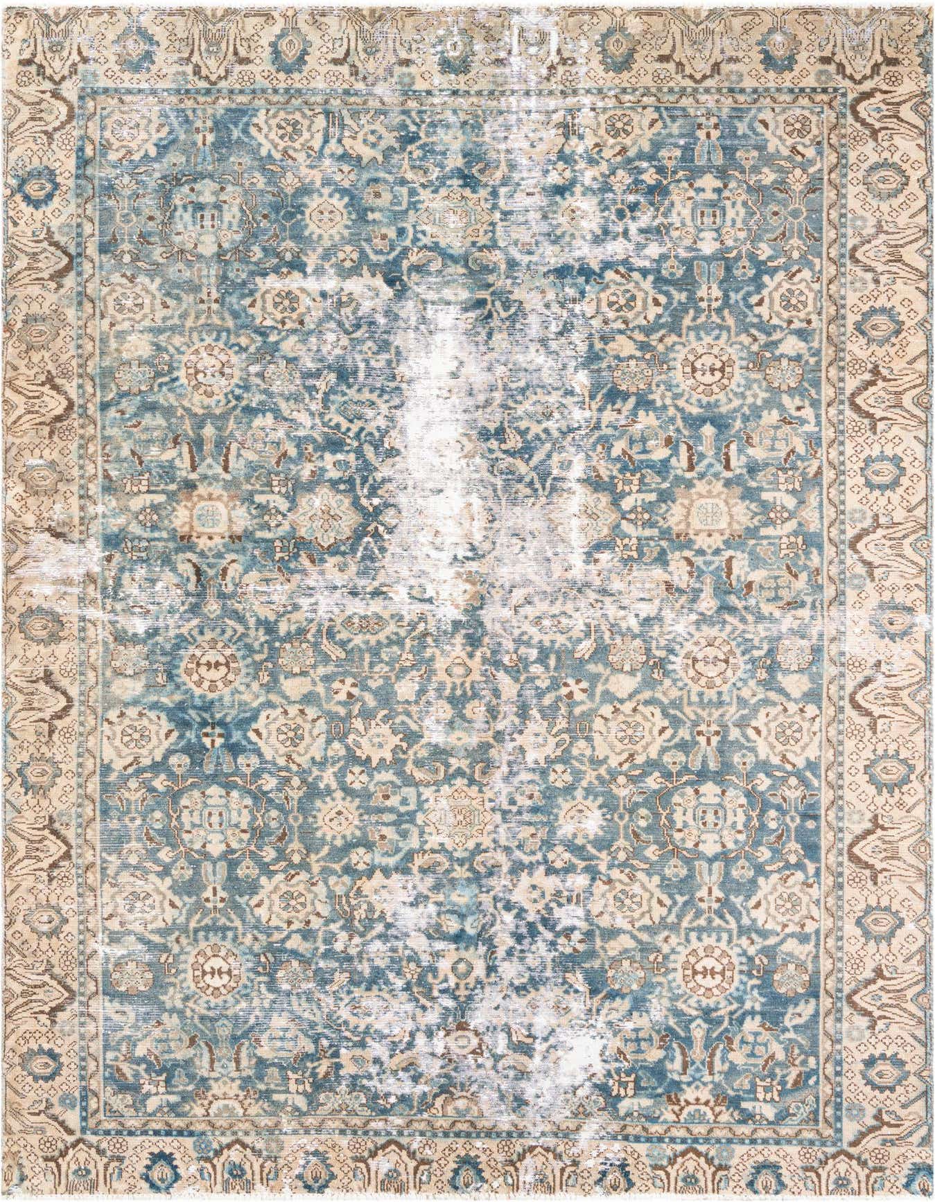 A 6x9 rectangular Ultra Vintage wool rug with a distressed Persian medallion pattern in shades of blue and cream.