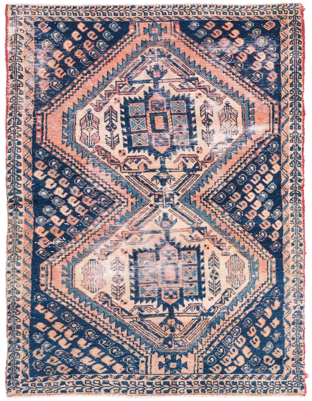 A 3x5 rectangular Ultra Vintage rug featuring a distressed Persian medallion pattern in shades of blue, peach, and cream.