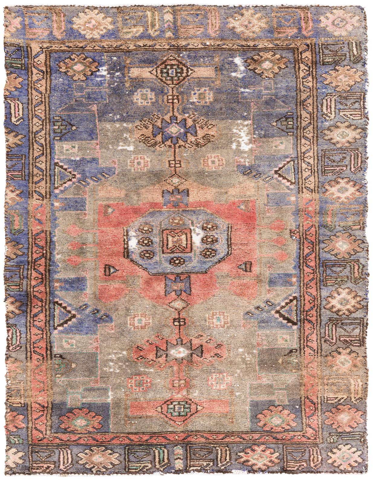 A 4x6 rectangular Ultra Vintage wool rug featuring a distressed Persian medallion pattern in shades of blue, red, and beige.