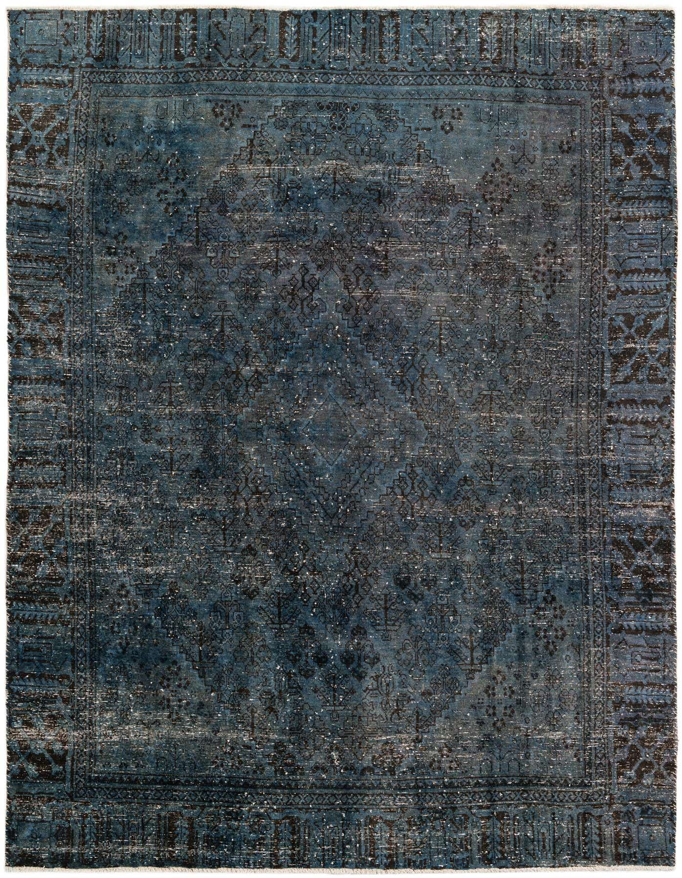 An 8x11 rectangular Ultra Vintage rug in varying shades of blue, featuring a distressed Persian medallion pattern.