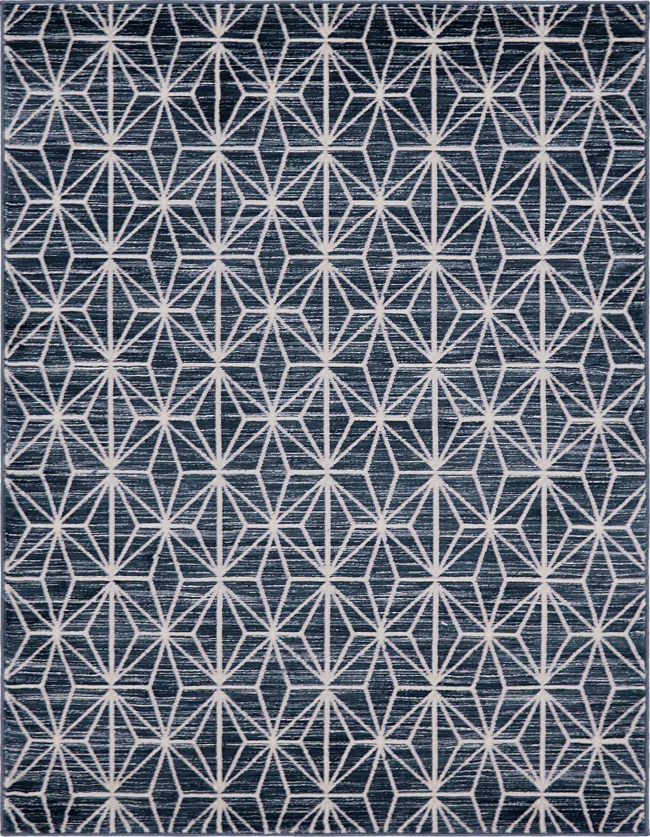 A 4x6 rectangular navy blue area rug with a repeating white geometric mid-century pattern, suitable for a living room or office.