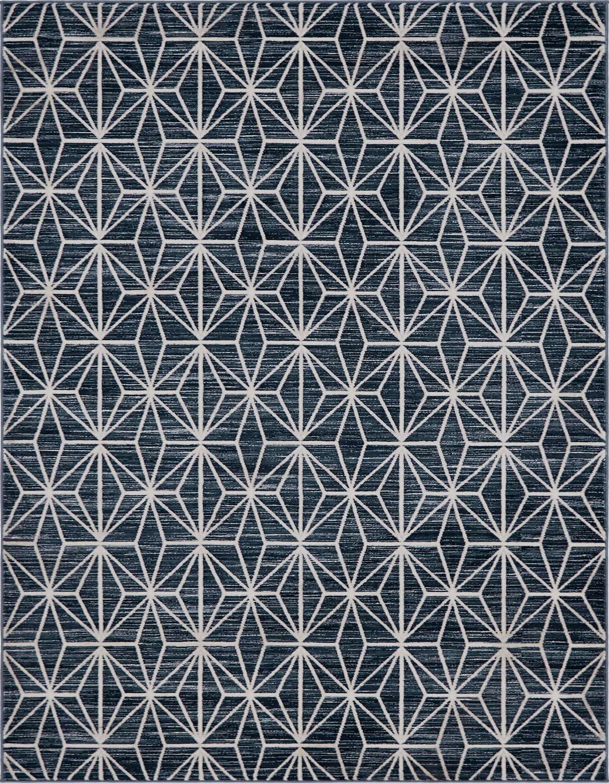 A 5x8 rectangular navy blue and white area rug with a repeating geometric diamond pattern, ideal for a modern living room.