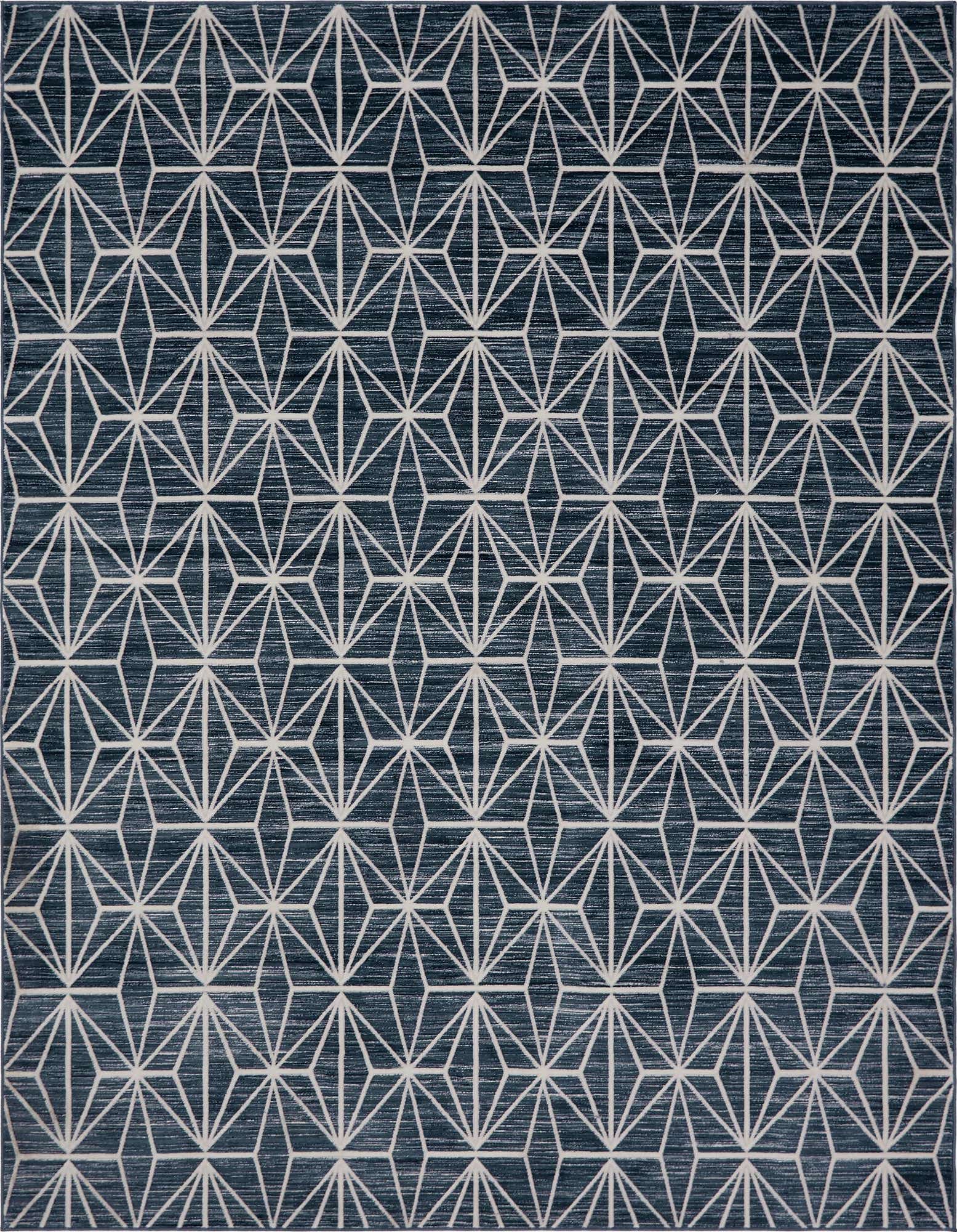 A rectangular 8x10 navy blue rug with a white geometric starburst pattern, ideal for a modern living room.