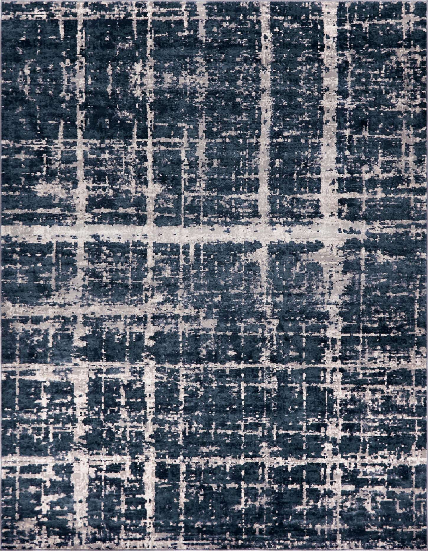 A 9x12 rectangular navy blue rug with a distressed modern grid pattern, suitable for a living room.