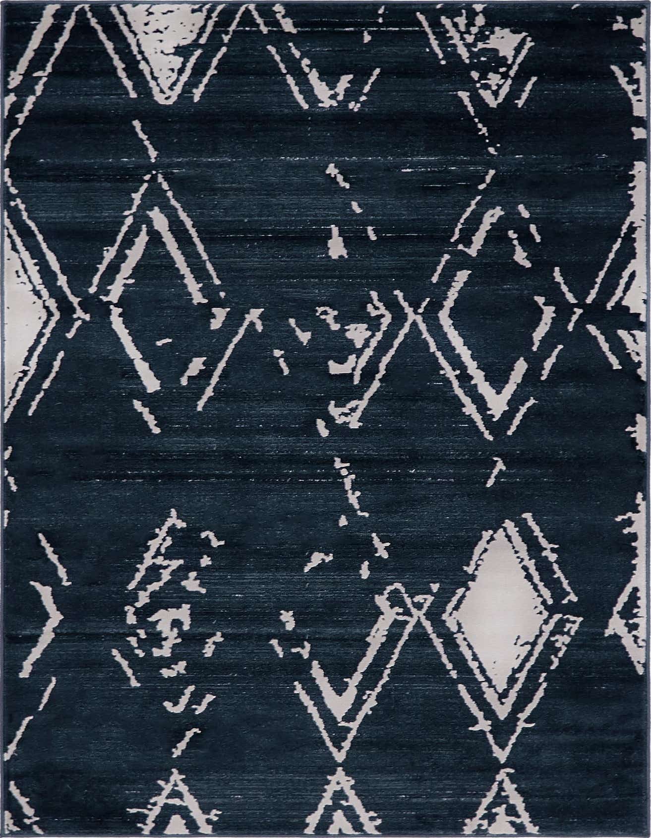 A 4x6 rectangular navy blue rug with a distressed white geometric diamond pattern, suitable for a living room.