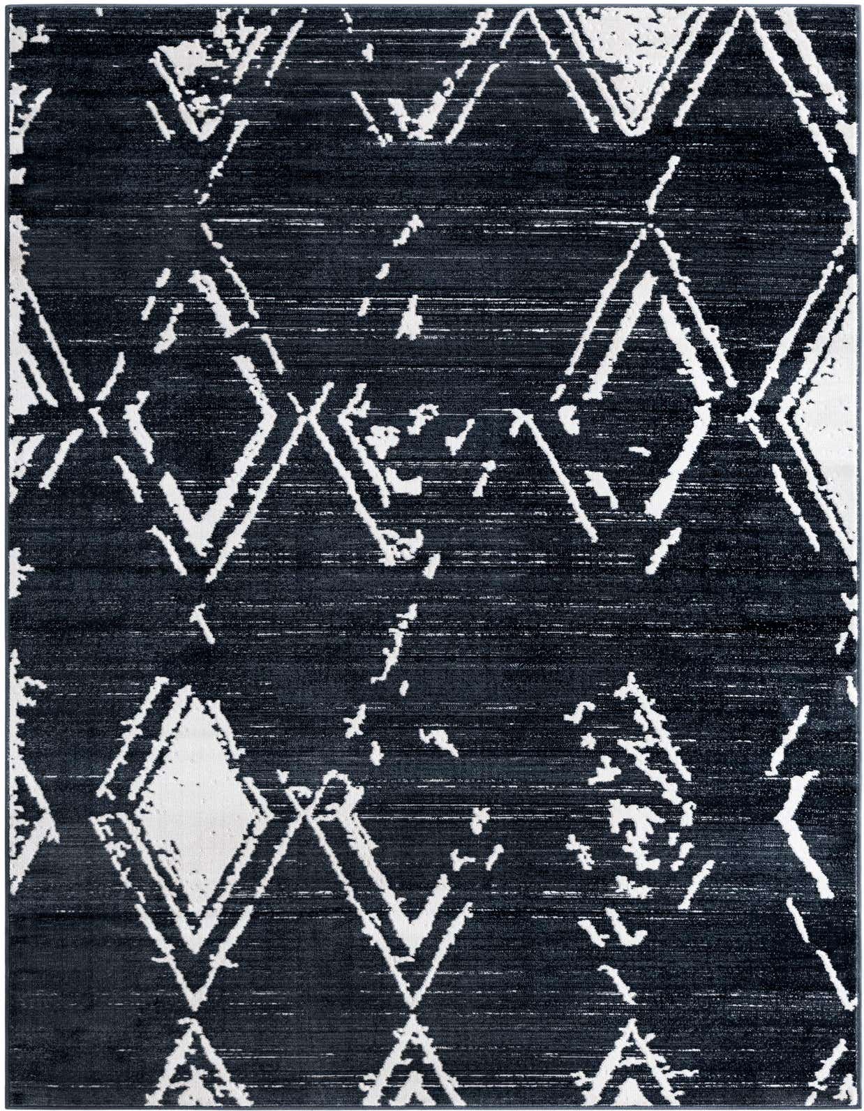 A 5x8 rectangular navy blue rug with a distressed white geometric diamond pattern, suitable for a modern living room.