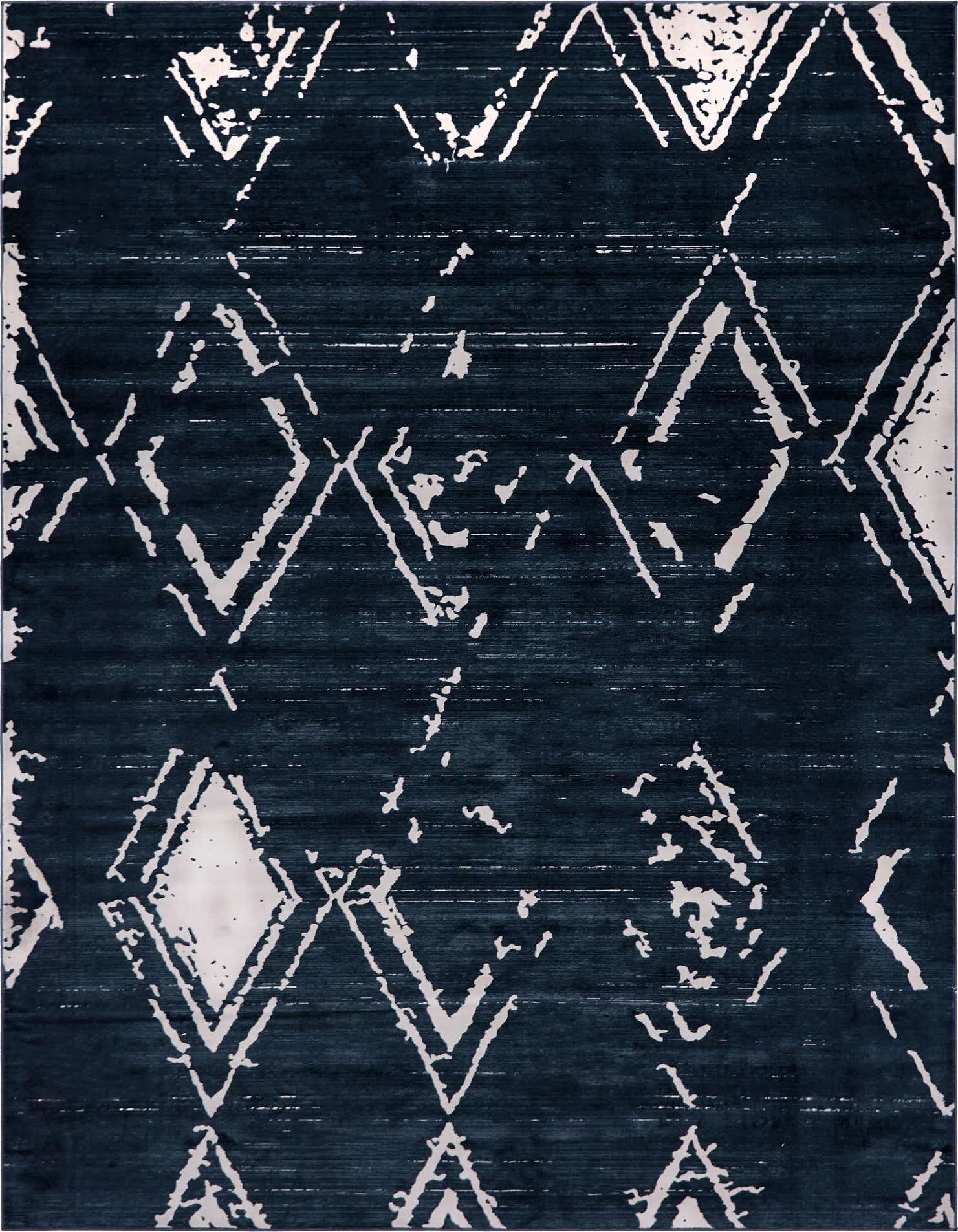 A 9x12 rectangular navy blue area rug with a distressed white diamond and abstract pattern, ideal for a modern living room.