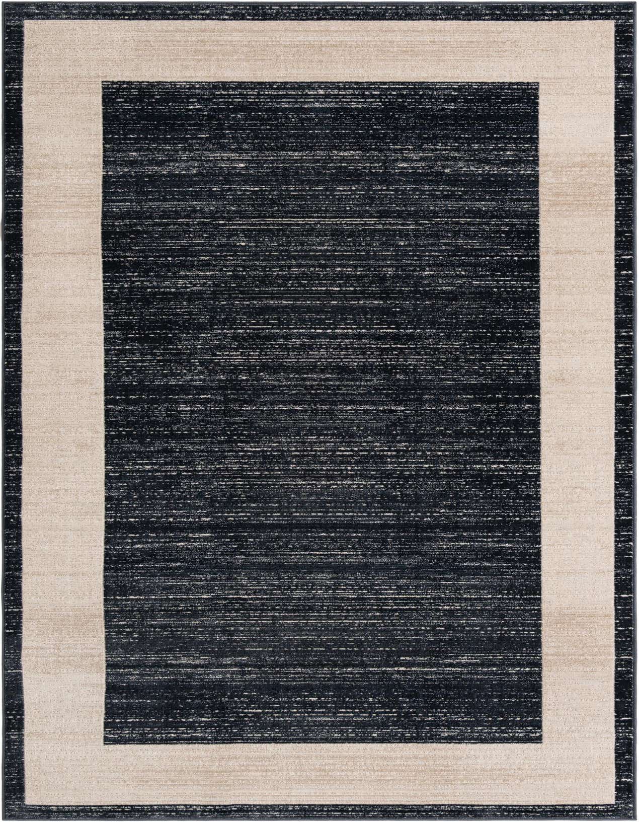 A 5x8 rectangular navy blue area rug with a light beige border, featuring a textured, modern solid pattern.