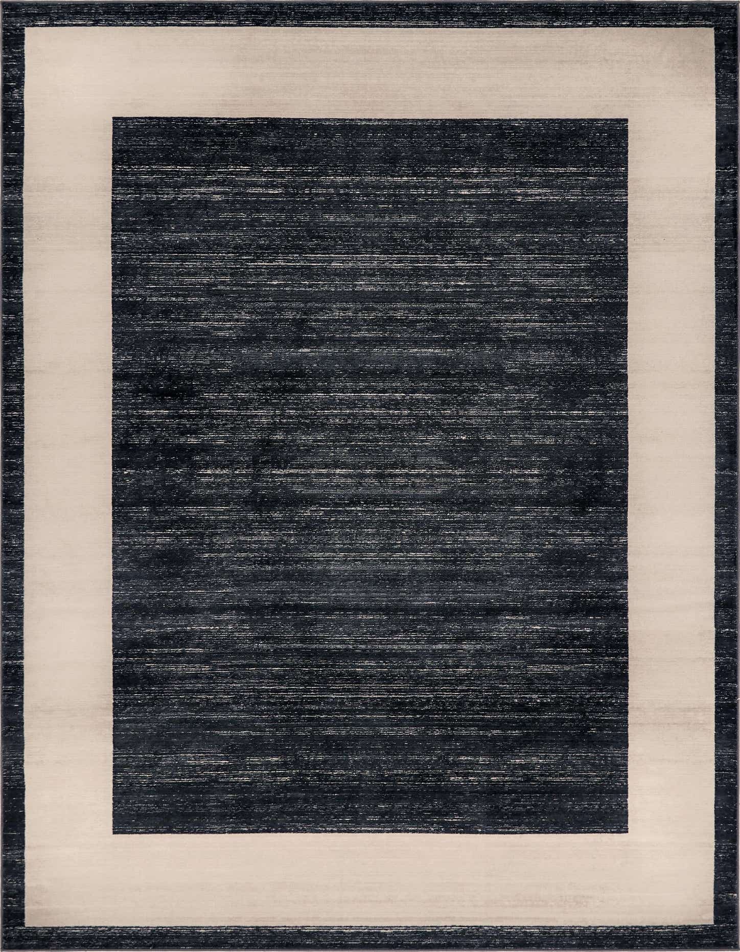 A 9x12 rectangular navy blue area rug with a textured, solid center and a light beige border, suitable for a living room.