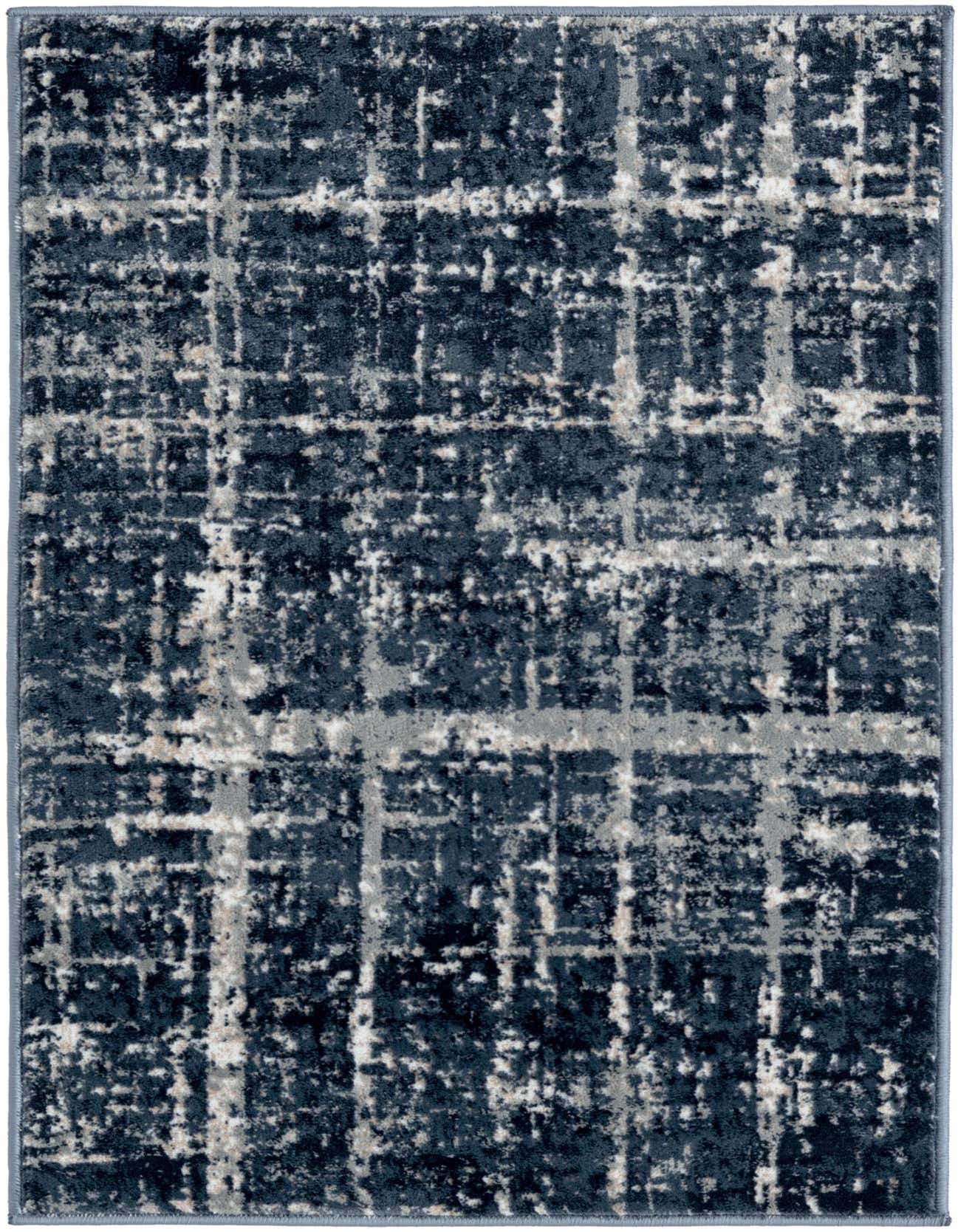 A 2x3 rectangular indoor rug featuring a distressed modern stripe pattern in shades of navy blue, gray, and cream.