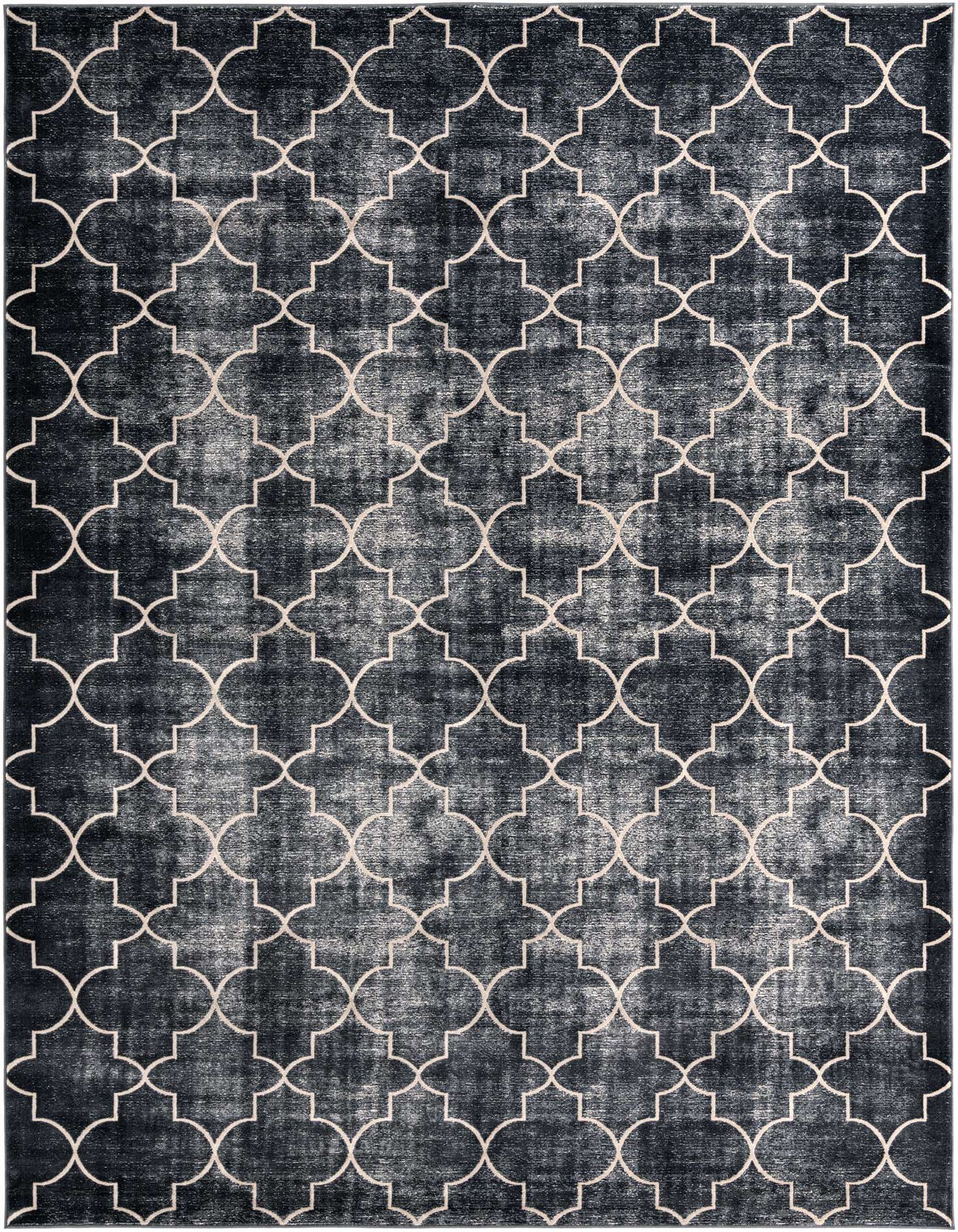 A rectangular 9x12 navy blue modern rug with a distressed white Moroccan trellis pattern, suitable for a living room.