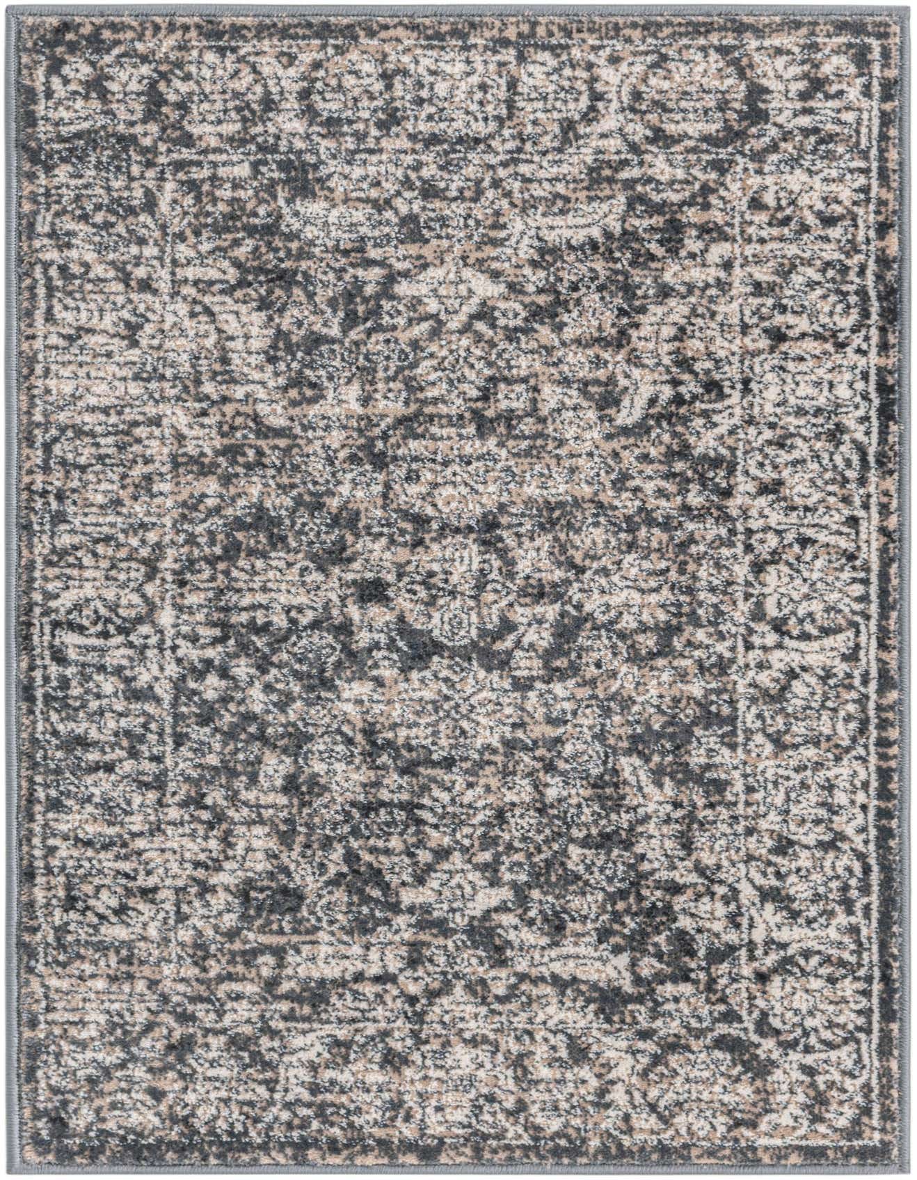 A rectangular 2x3 Uptown rug with a distressed traditional Oriental pattern in shades of navy blue, beige, and cream.