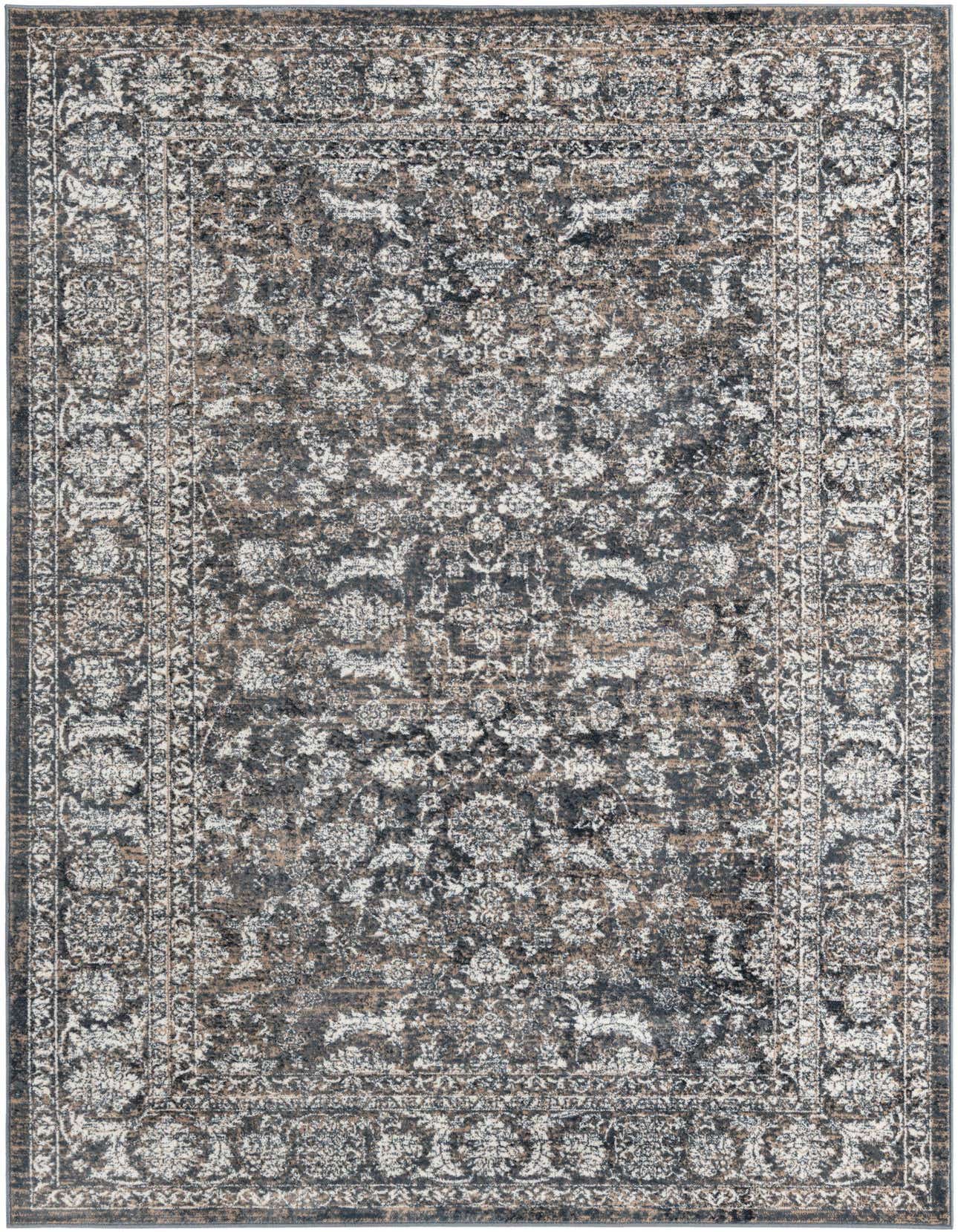 A 5x8 rectangular navy blue and beige oriental rug with a distressed floral pattern and traditional border.