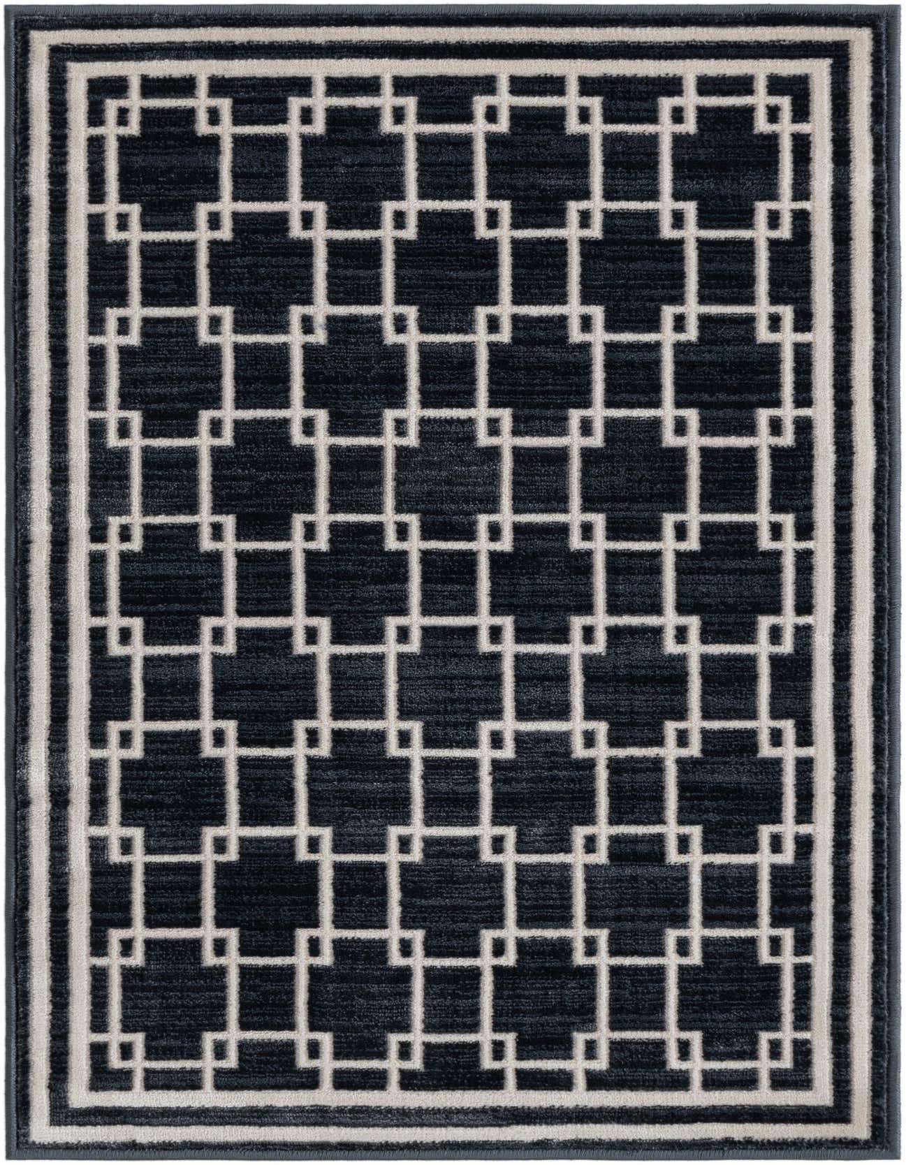 A 2x3 rectangular navy blue modern rug with a white geometric trellis pattern and border.