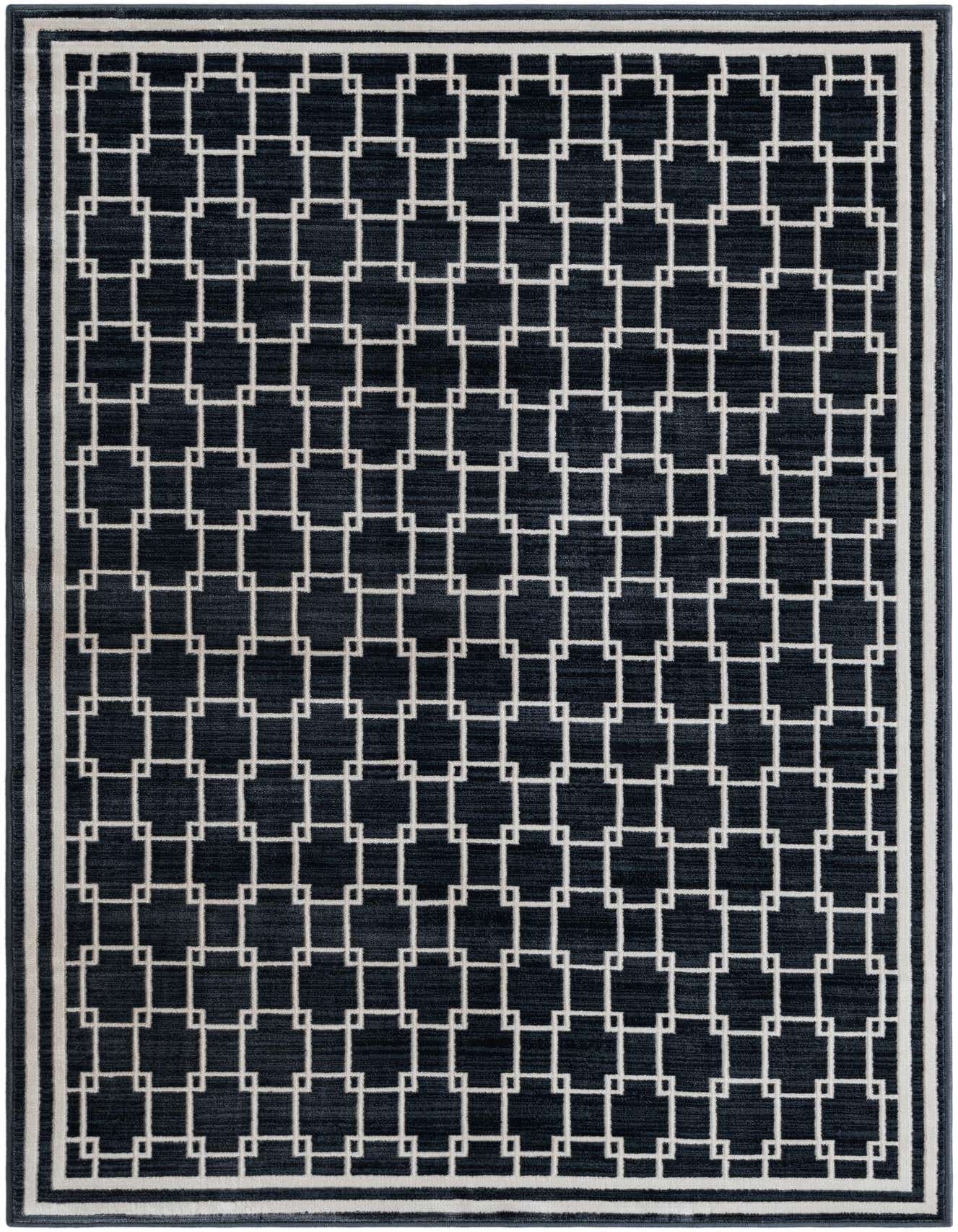 A 4x6 rectangular navy blue modern area rug with a white geometric square pattern and a clean border.