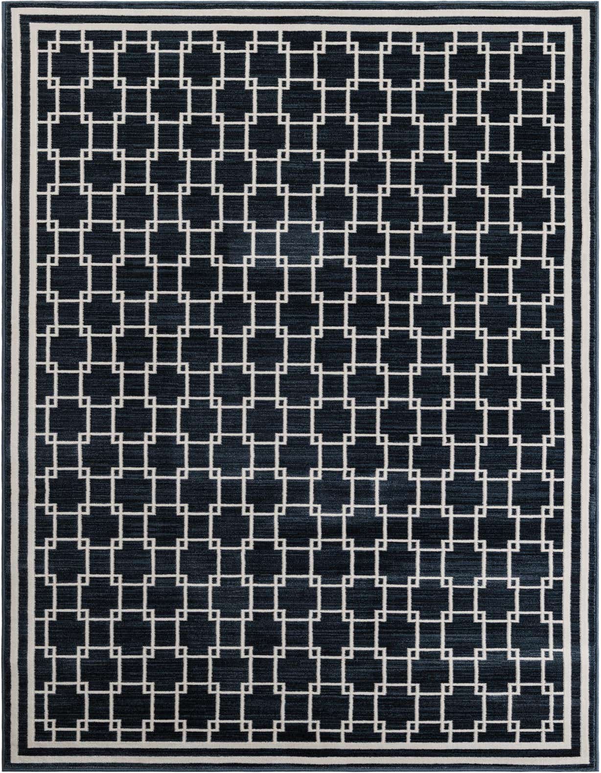 A 5x8 rectangular navy blue modern rug with a white geometric square pattern and a double border.