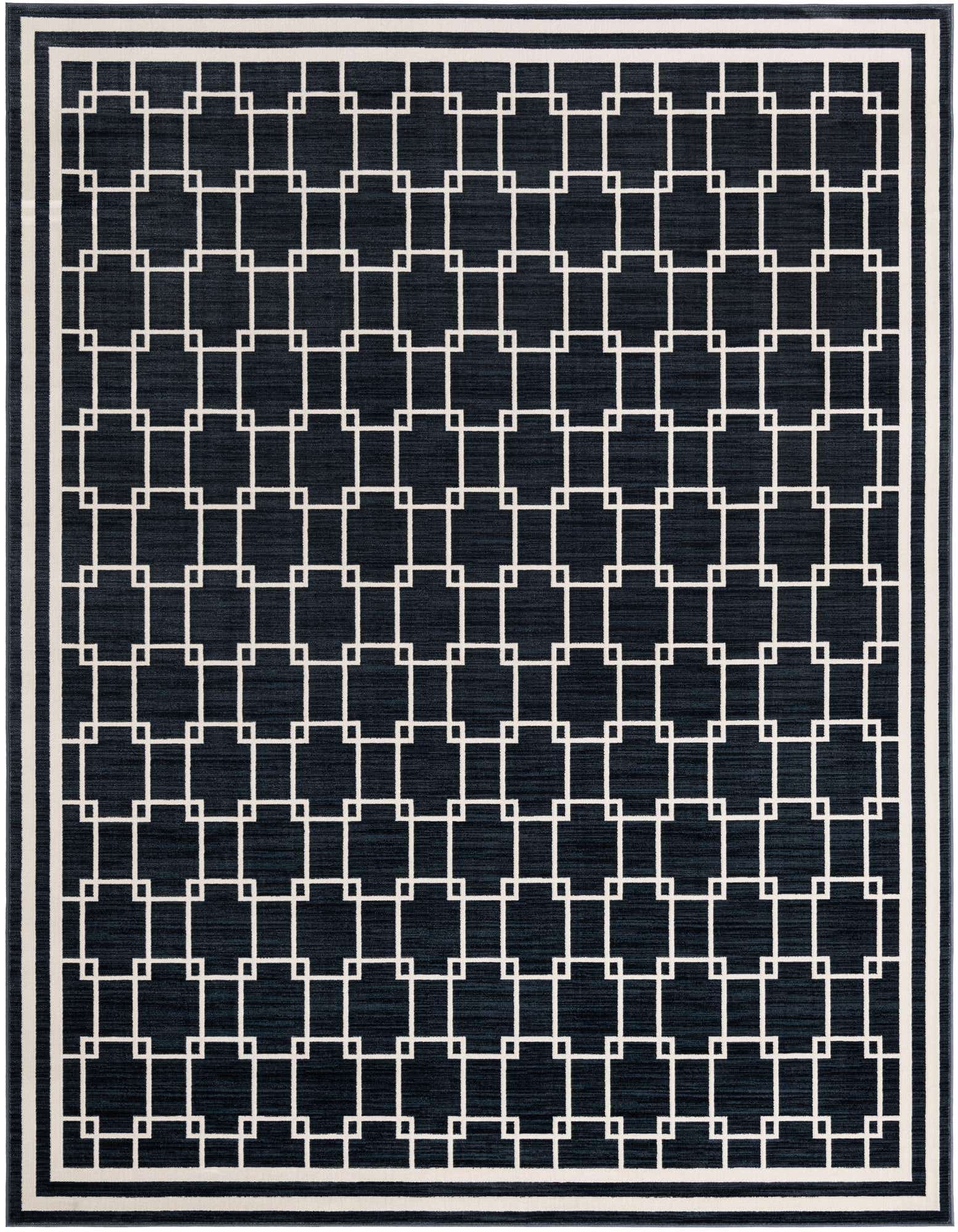 A rectangular 8x10 navy blue modern rug with a white geometric grid pattern and a white striped border.