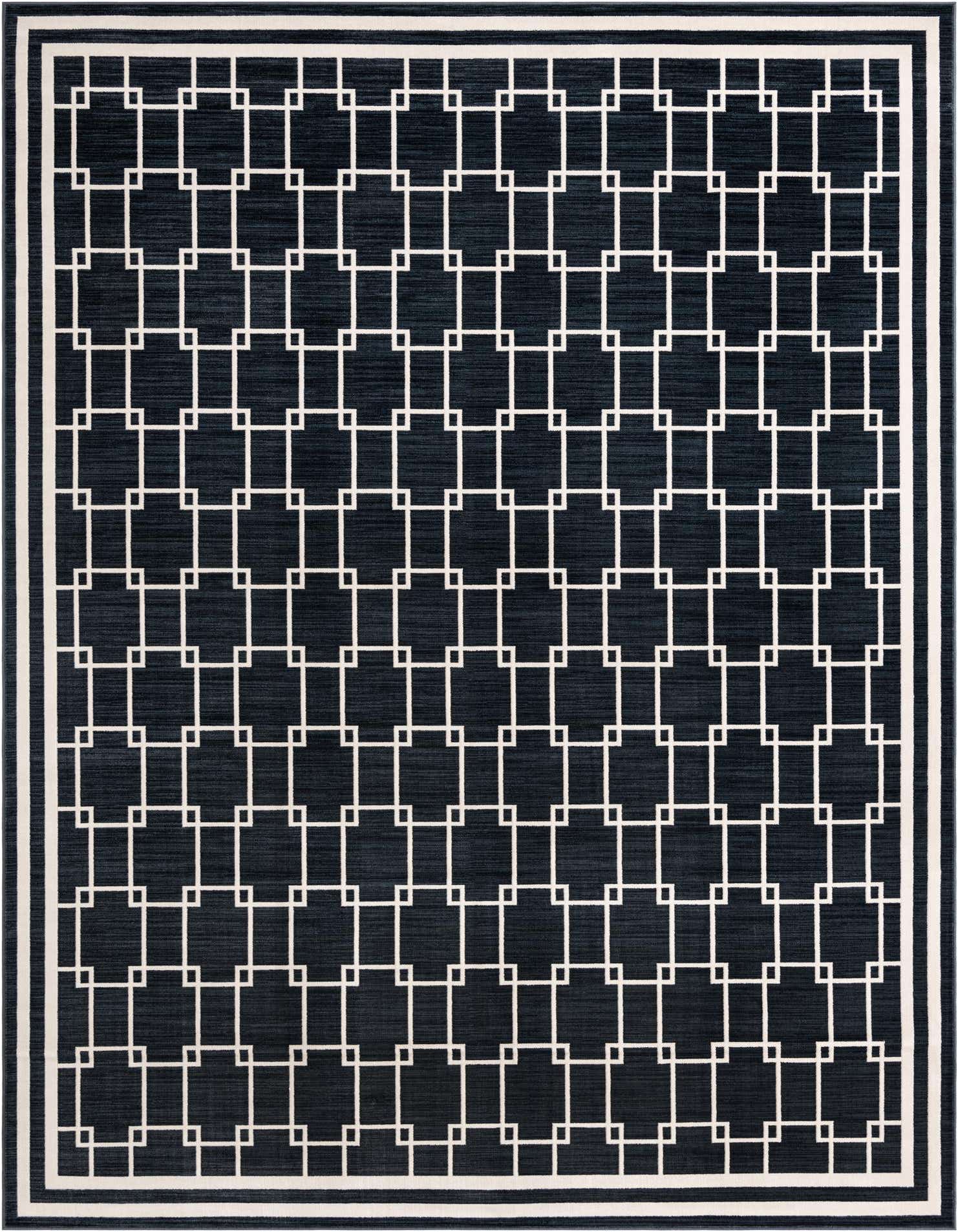 A 9x12 rectangular navy blue modern area rug with a repeating white geometric square pattern and a striped border.