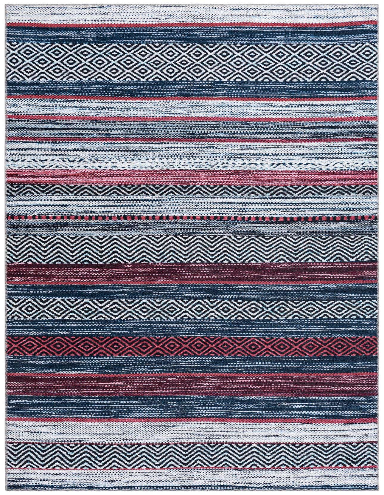A 5x8 rectangular Yara rug featuring horizontal stripes in varying shades of blue, red, and white, with geometric patterns like diamonds and zigzags.