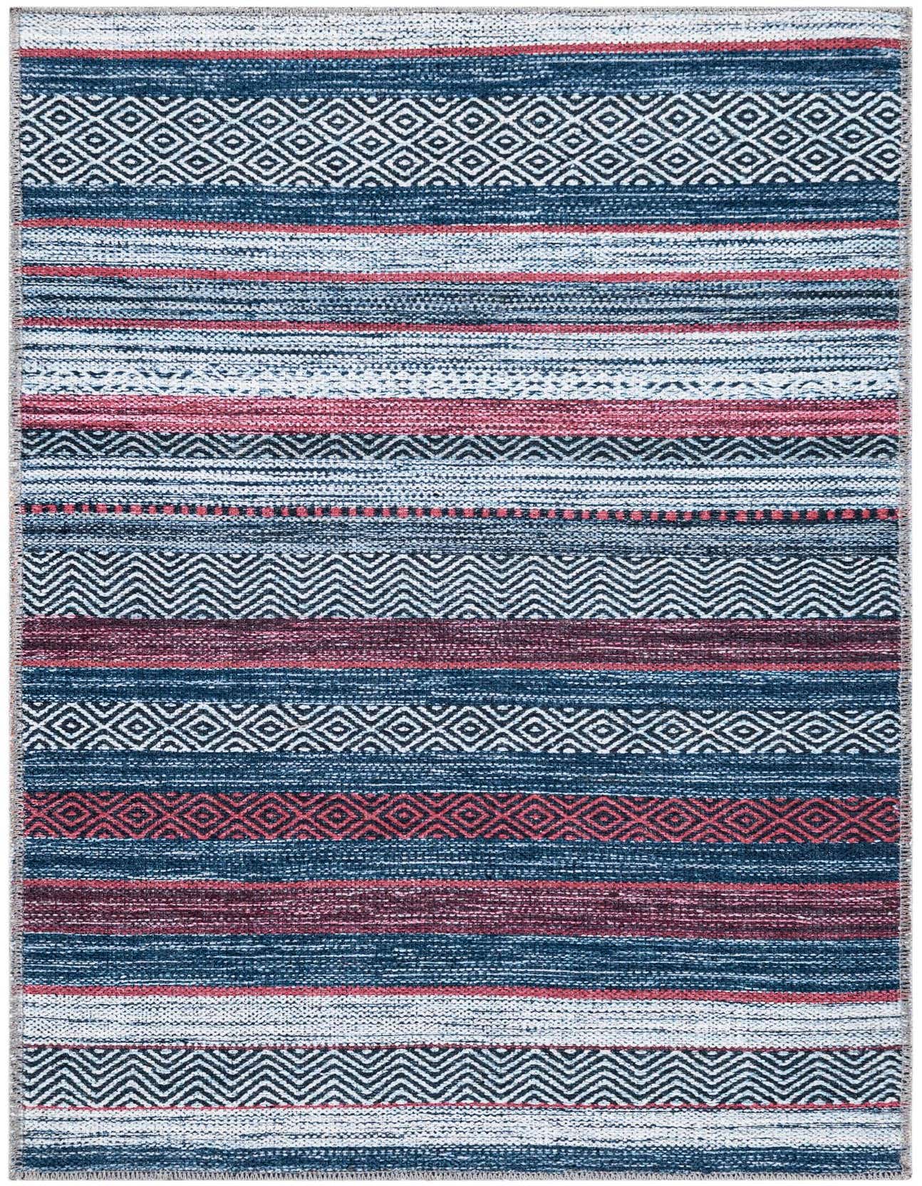 A 2x3 rectangular Rugs.com Yara rug featuring horizontal stripes in various shades of blue, white, and red, with geometric patterns.