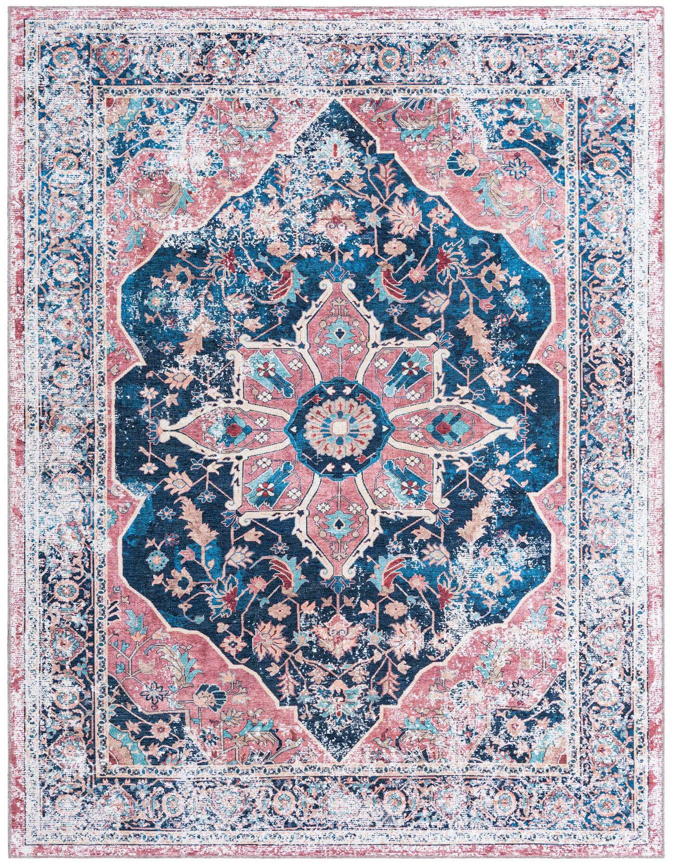 A 6x9 rectangular Rugs.com Yara rug featuring a distressed navy blue and blush pink traditional medallion pattern.