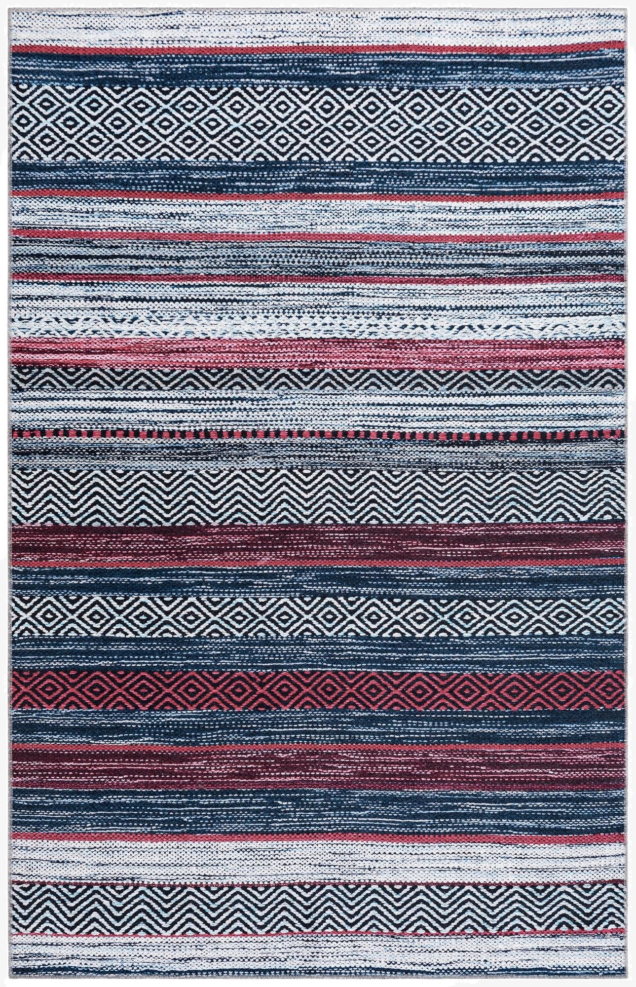 A 5x8 rectangular Yara rug featuring horizontal stripes in varying shades of blue, red, and white, with geometric patterns like diamonds and zigzags.