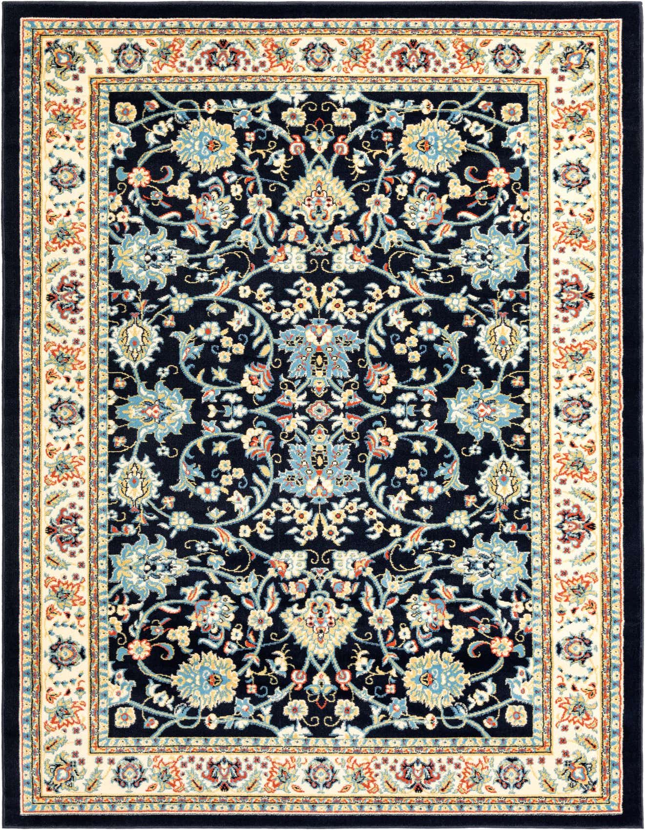 A 6x9 rectangular Yasmin rug featuring a traditional Oriental floral pattern in navy blue, light blue, cream, and hints of red.
