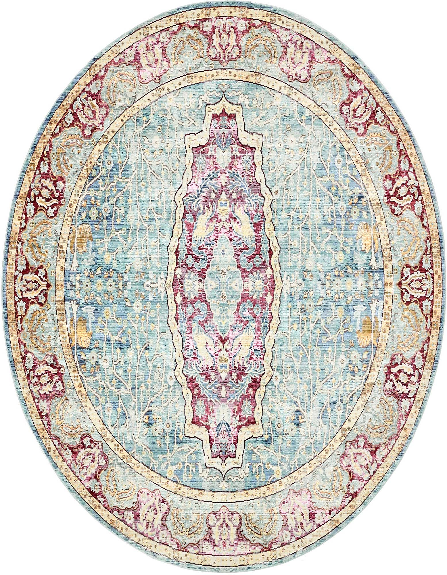 A round 8' blue Bohemian rug with a central medallion and botanical patterns in red, gold, and cream.