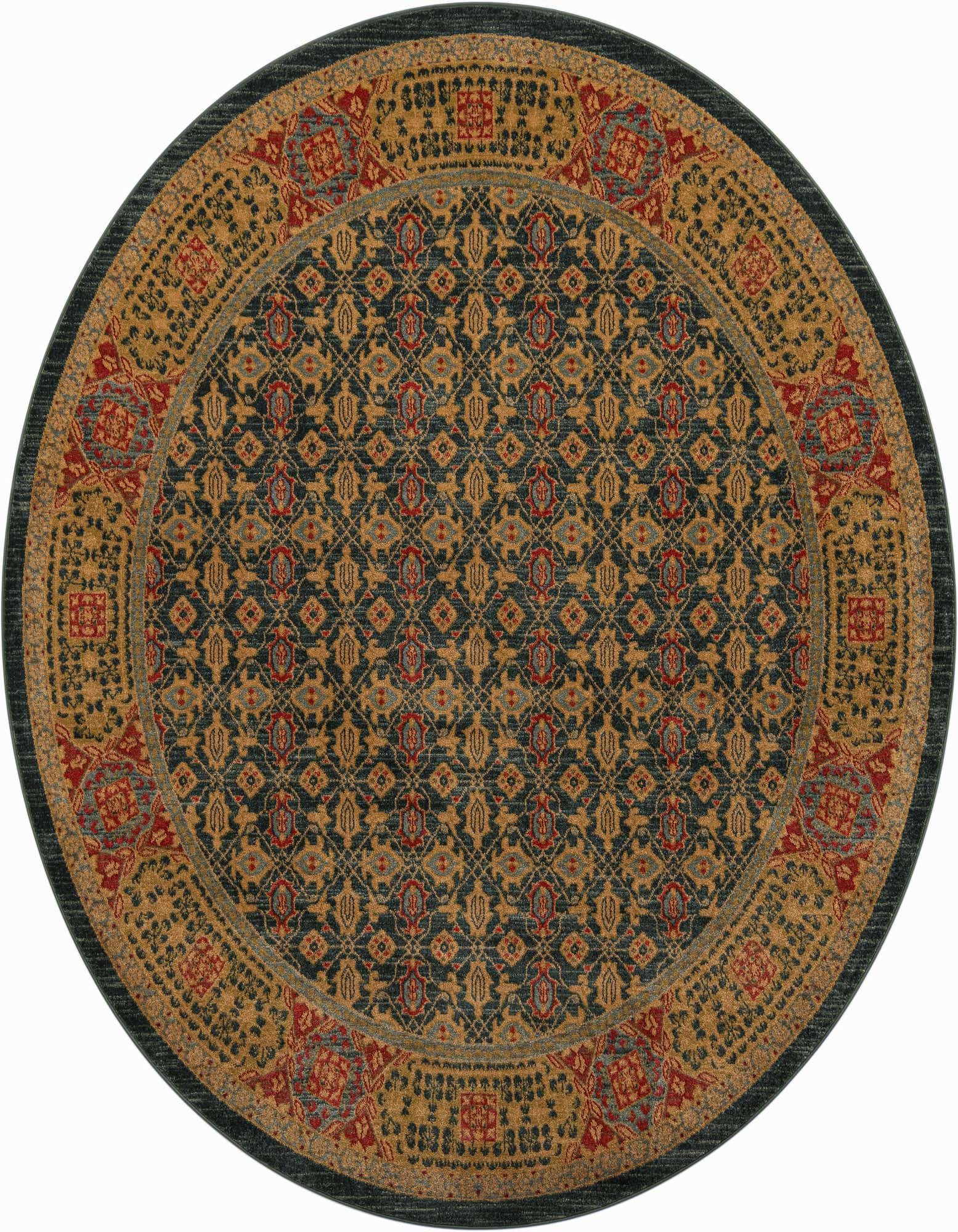 A round 8' navy blue traditional rug with gold, red, and light blue botanical and tribal patterns, perfect for an indoor living space.