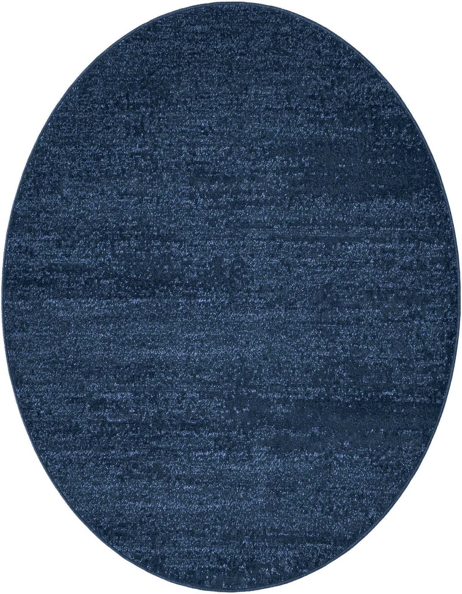 A 6' 0 x 6' 0 round navy blue area rug with a subtle textured, solid pattern, suitable for various indoor spaces.