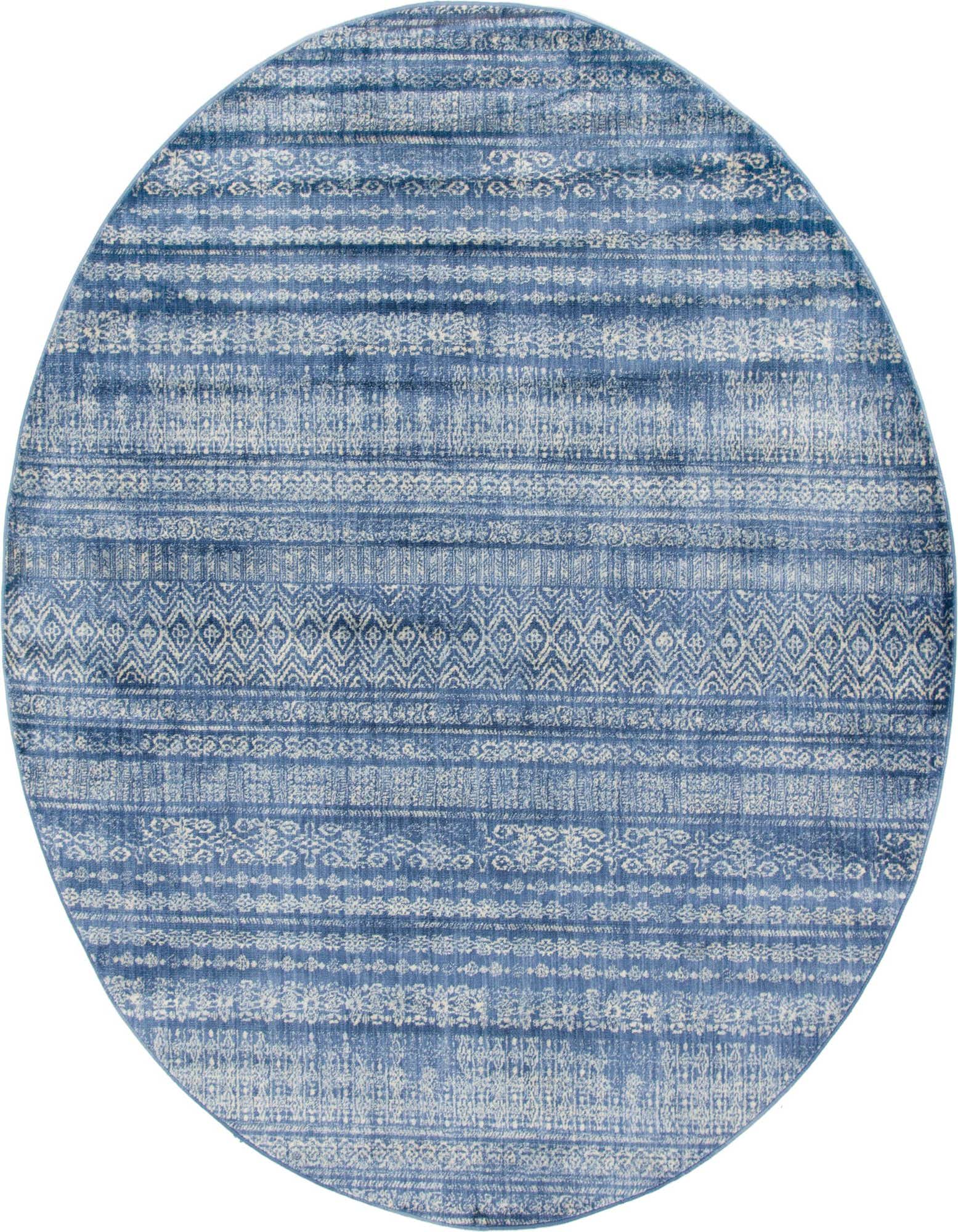 A round 8' 0 x 8' 0 blue bohemian rug with distressed white striped patterns, suitable for indoor spaces.